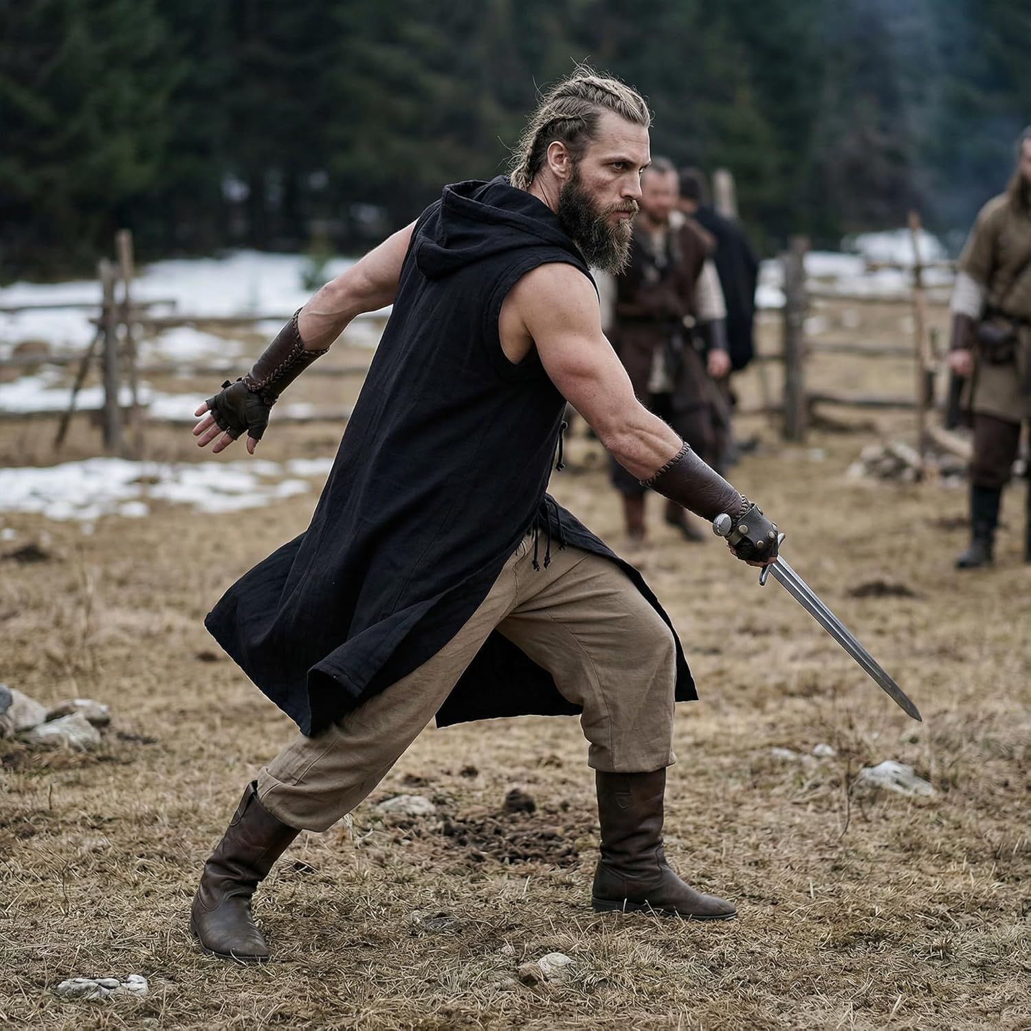 Men’s Medieval Costume Viking Vest Renaissance Sleeveless Tabard Tunic Hooded Cotton Surcoat Wooden Buttons LARP Cosplay