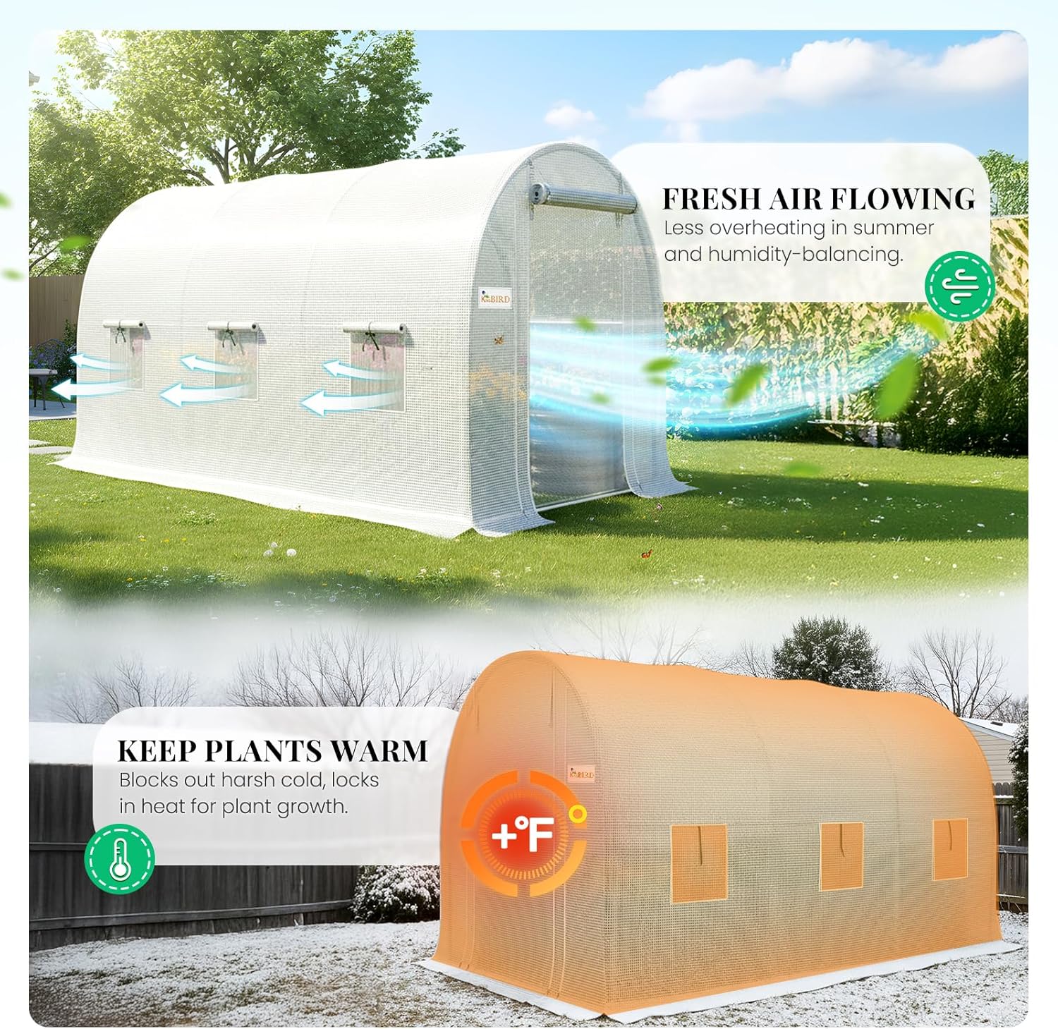 KING BIRD Premium 10x7x7 FT Greenhouse for Outdoors, Large Walk-in Heavy Duty Galvanized Steel Frame, Mesh Door Screen Window Tunnel Hoop Garden Plant Winter Hot House with Irrigation Kit, White