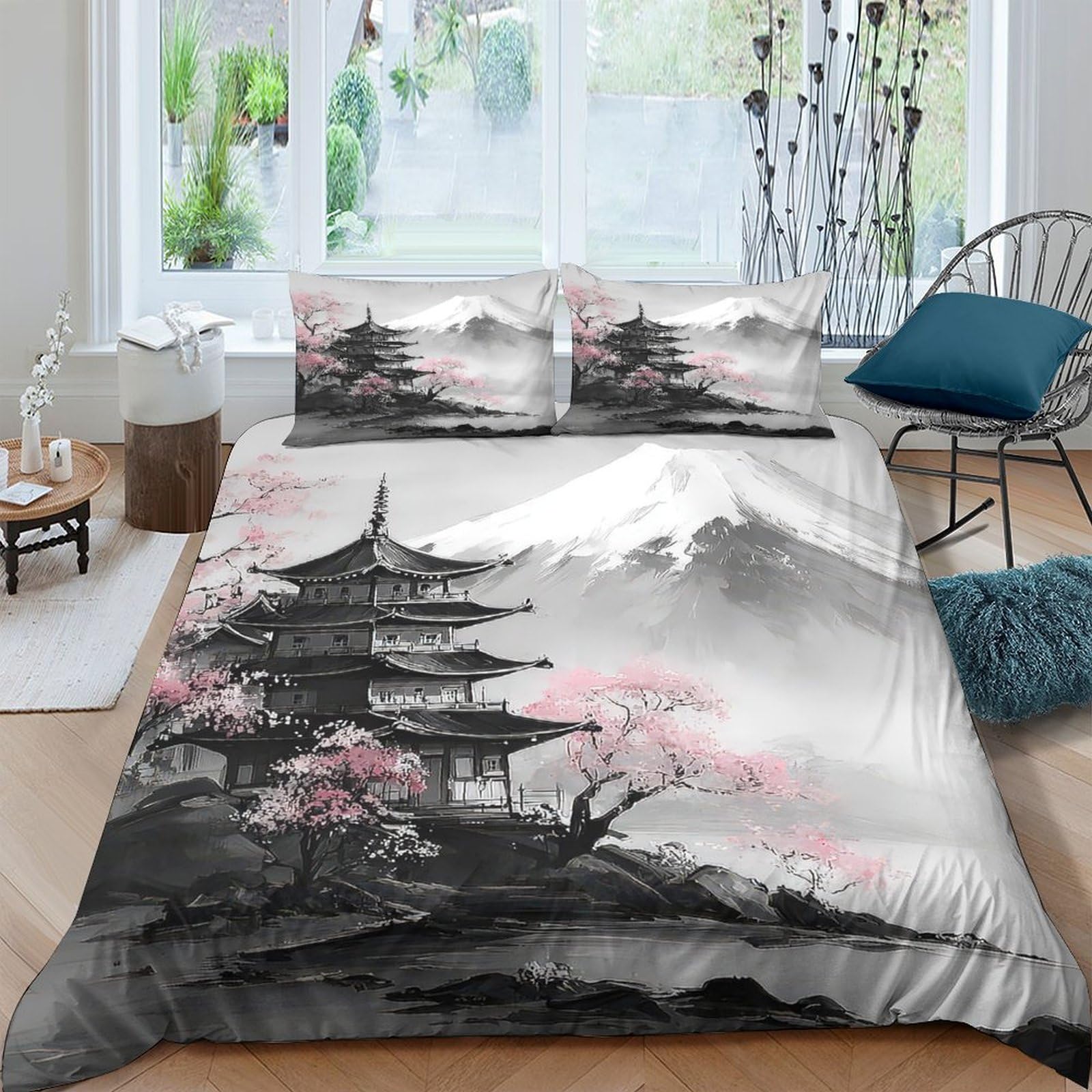 Ctjqhvkz Style-9 3D Printed Japanese Pagoda Sakura Fitted Sheet Microfiber Soft Bed Cover Mountain Art For Bedroom Decor Single（135X200cm）