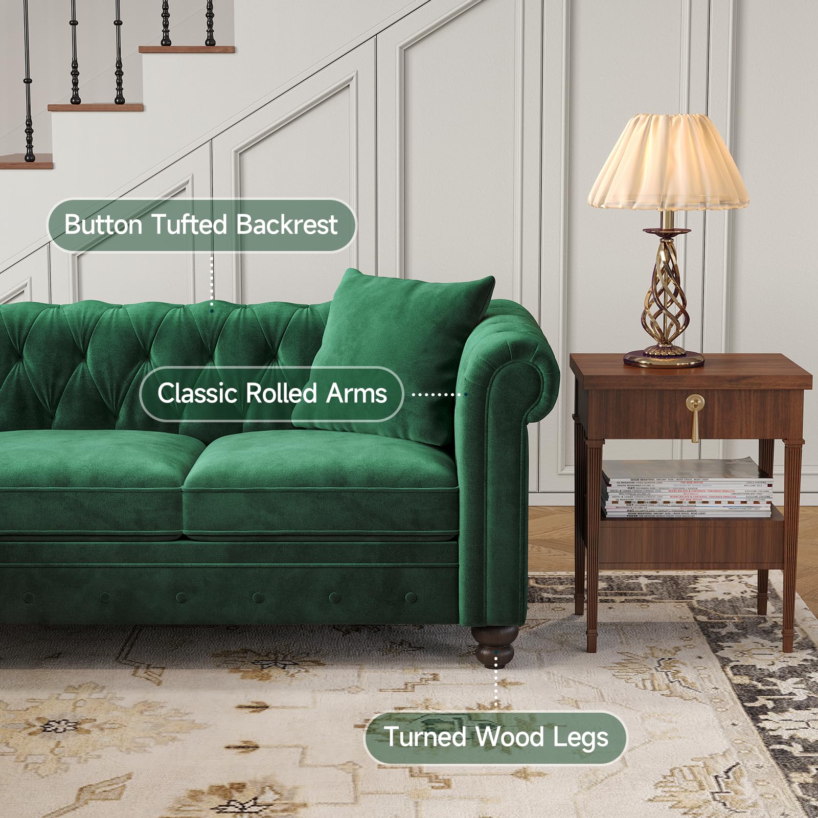 Velvet Chesterfield Sofa, L Shaped Sectional Sofa with Tufted Back & Rolled Arms, 3 Throw Pillows, Small Corner Sectional Couch for Living Room, Apartment, Green