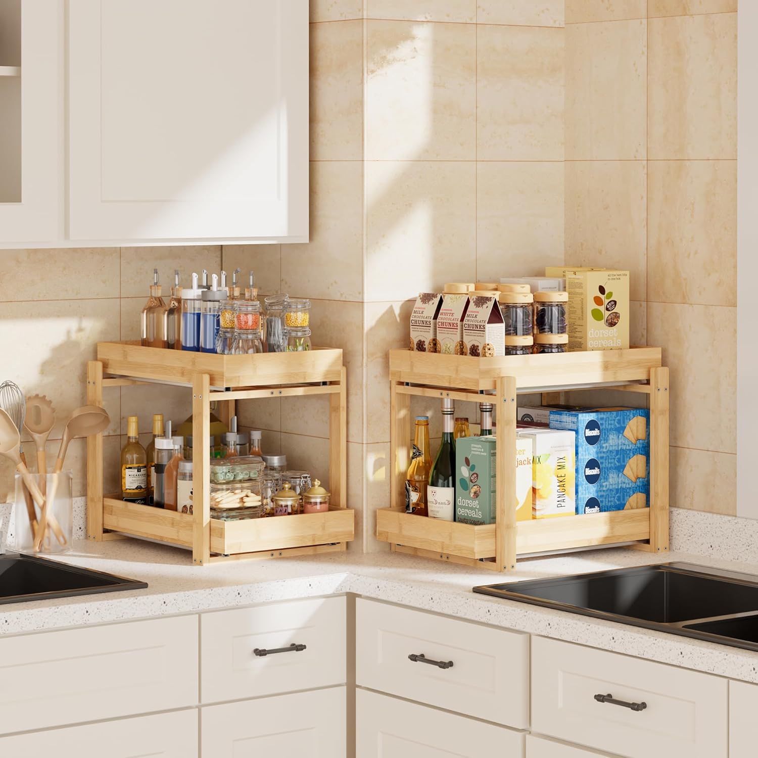 2 Pack Under Sink Organizer, Bamboo Wooden 2-Tier Pull-Out Storage with Sliding Drawers for Kitchen and Bathroom Cabinets, Easy Installation (Natural, 2 Packs)