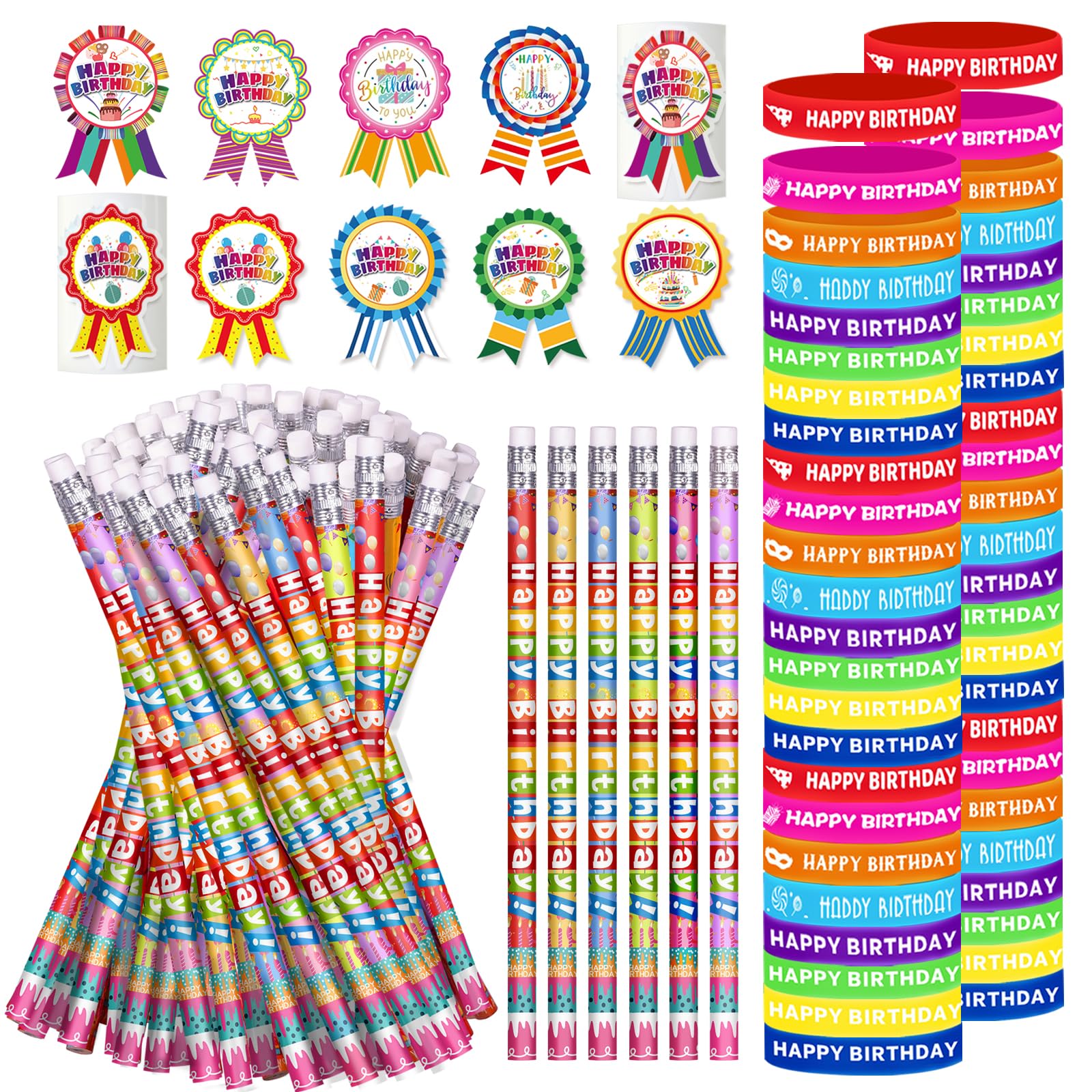 emzrivo 296 Pcs Birthday Pencils Set: 48 Happy Birthday Pencils, 48 Wristbands, 200 Badge Stickers for Teacher, Classroom, Party Supply
