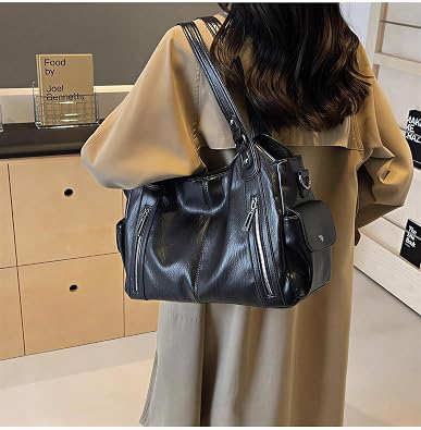 XCZAP Vintage Punk PU Leather Tote Bag for Women Large Slouchy Crossbody Hobo Bag Waterproof Spacious Interior Adjustable Strap College Work Travel Daily Use