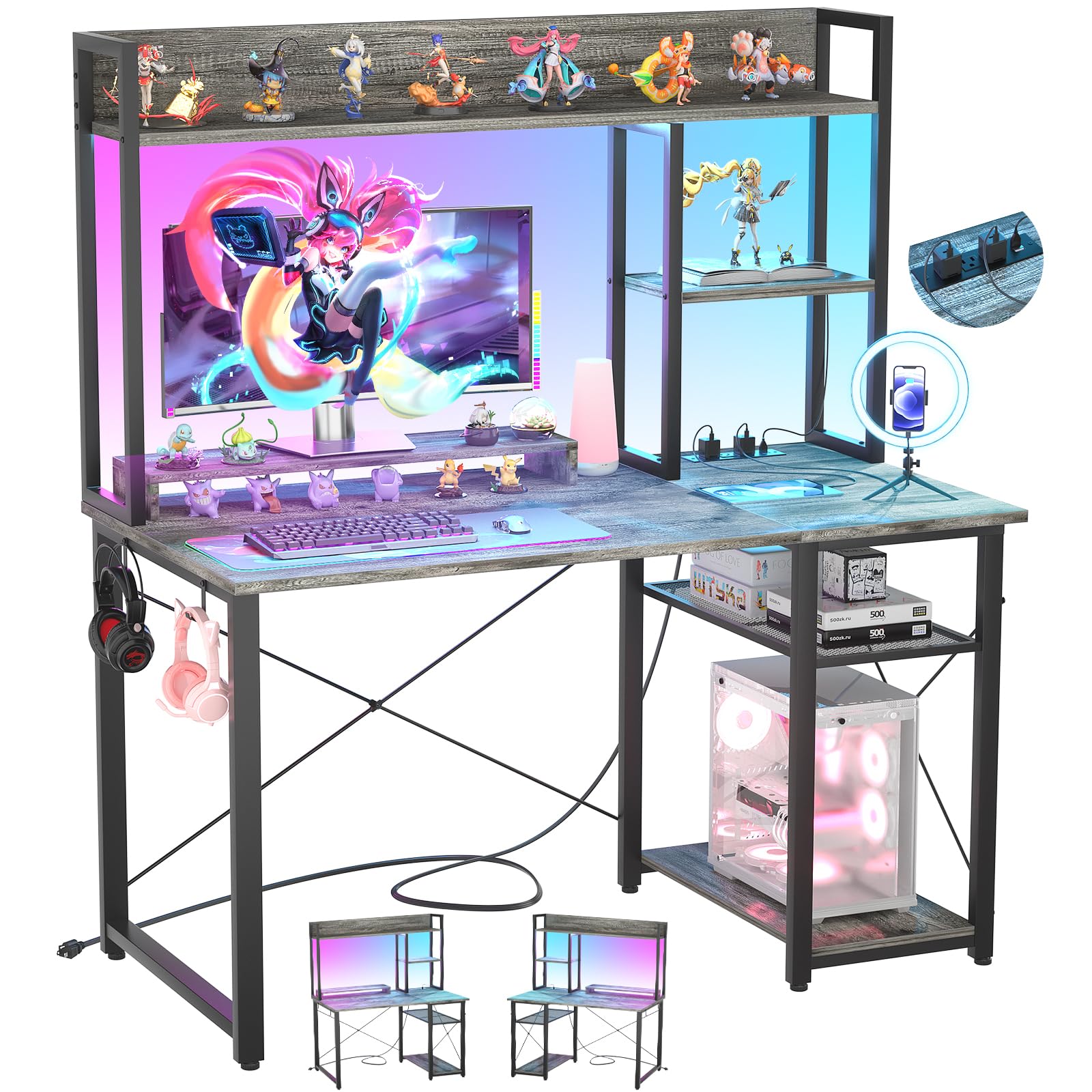 iSunirm Scrivania Gaming con Supporto per Monitor e Ripiano di Stoccaggio,Scrivania Computer con 2 Prese e 2 Porte USB,Scrivanie Moderne per Ufficio e Studio,100x50x75cm,Grigio