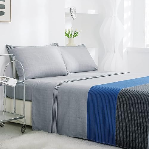 Juego de sábanas a rayas de microfibra suave sin arrugas, 1 sábana bajera, 1 sábana encimera y 2 fundas de almohada, juego de ropa de cama de 4