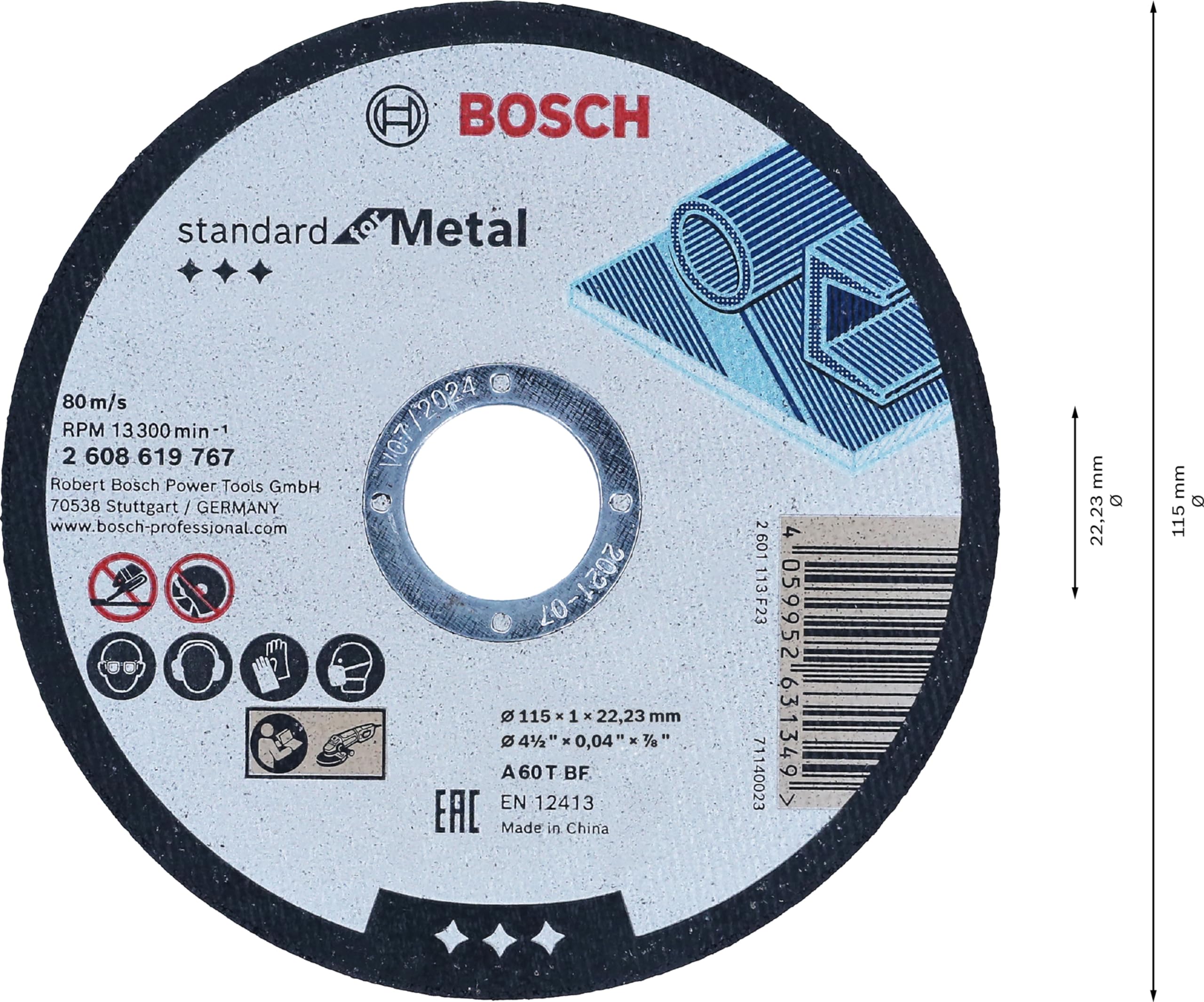 Bosch 100 discos de corte estándar para metal para metal, acero, chapa, diámetro de 115 mm, corte recto, M14, accesorio profesional, Ø 115 mm