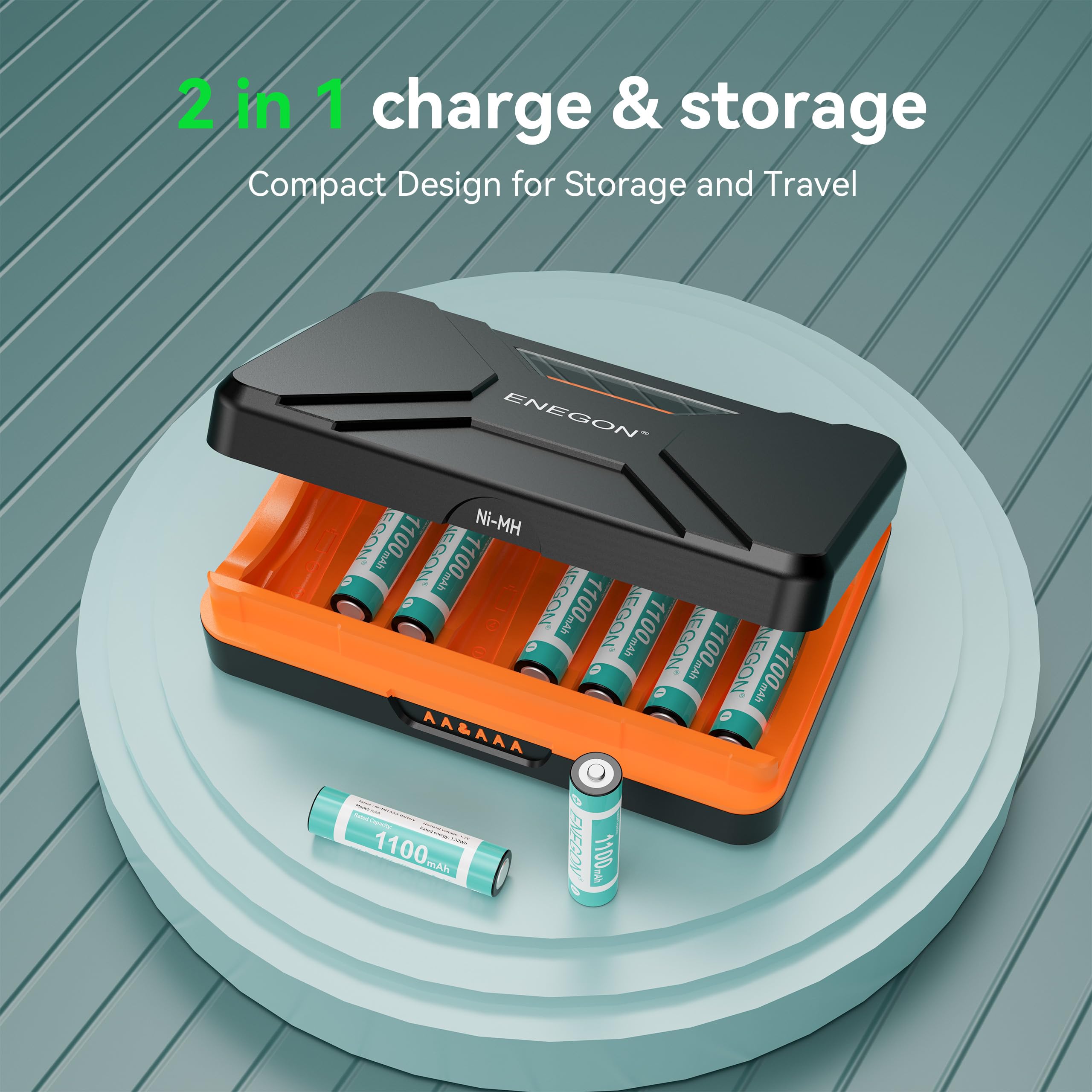 ENEGON Cargador Rápido 8 Ranuras para Pilas AA/AAA con Pantalla LCD + 8 Pilas AAA Ni-MH (1100mAh), Estación USB-C de Carga y Almacenaje – para Mandos a Distancia, Termómetros y Electrónica
