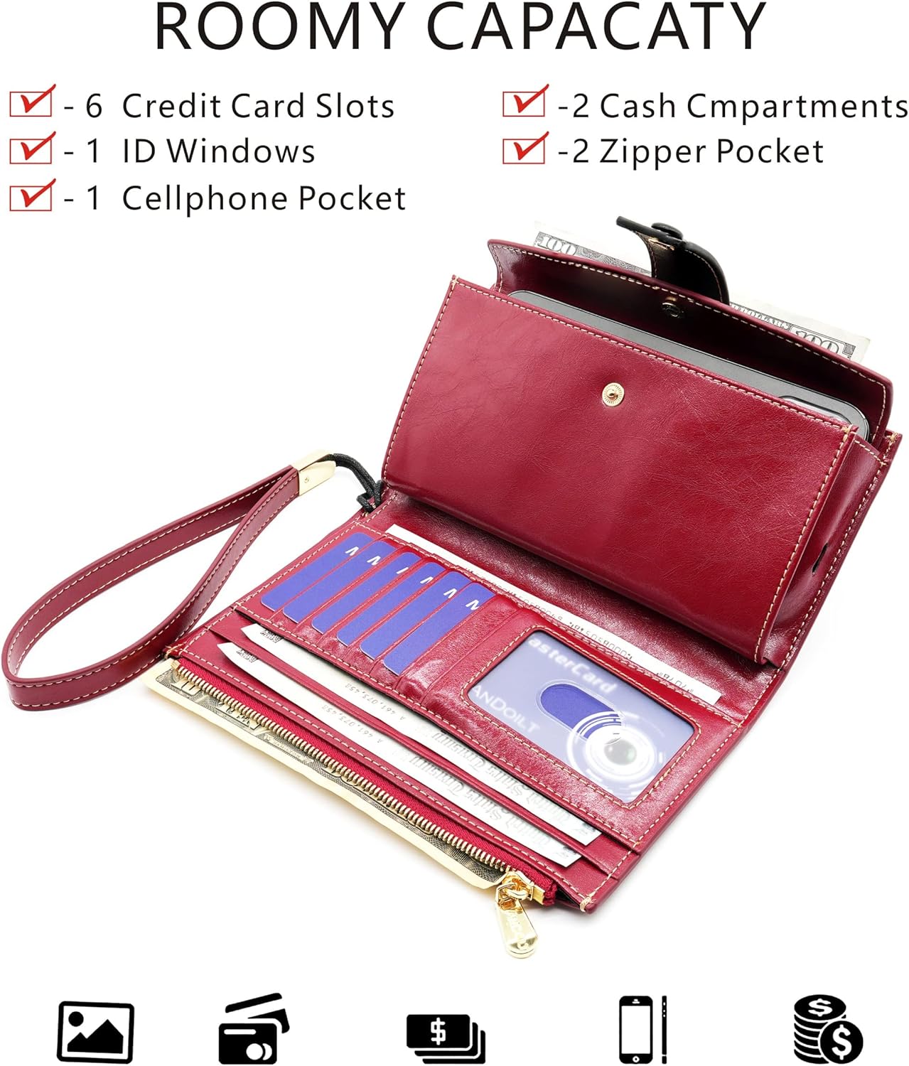 ANDOILT Wallet Women RFID Blocking Genuine Leather Bifold Multi Card Organizer Wristlet Purse Cell Phone Handbag - Image 3