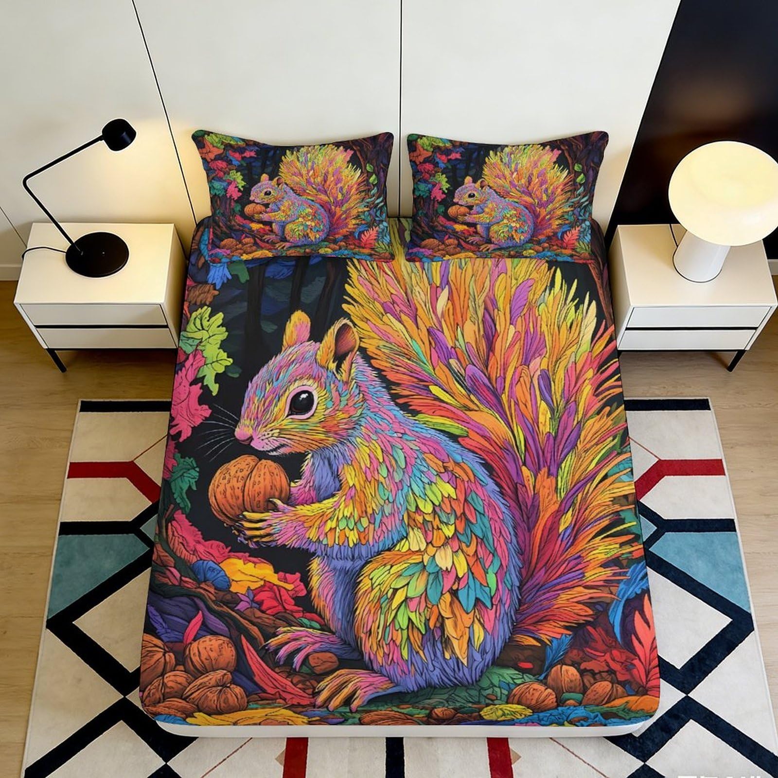 3D Printed Colorful Squirrel Fitted Sheet Microfiber Soft Breathable Autumn Leaves Bed Cover for Bedroom Dormitory Guest Room Mattress Protection 140x200x25cm
