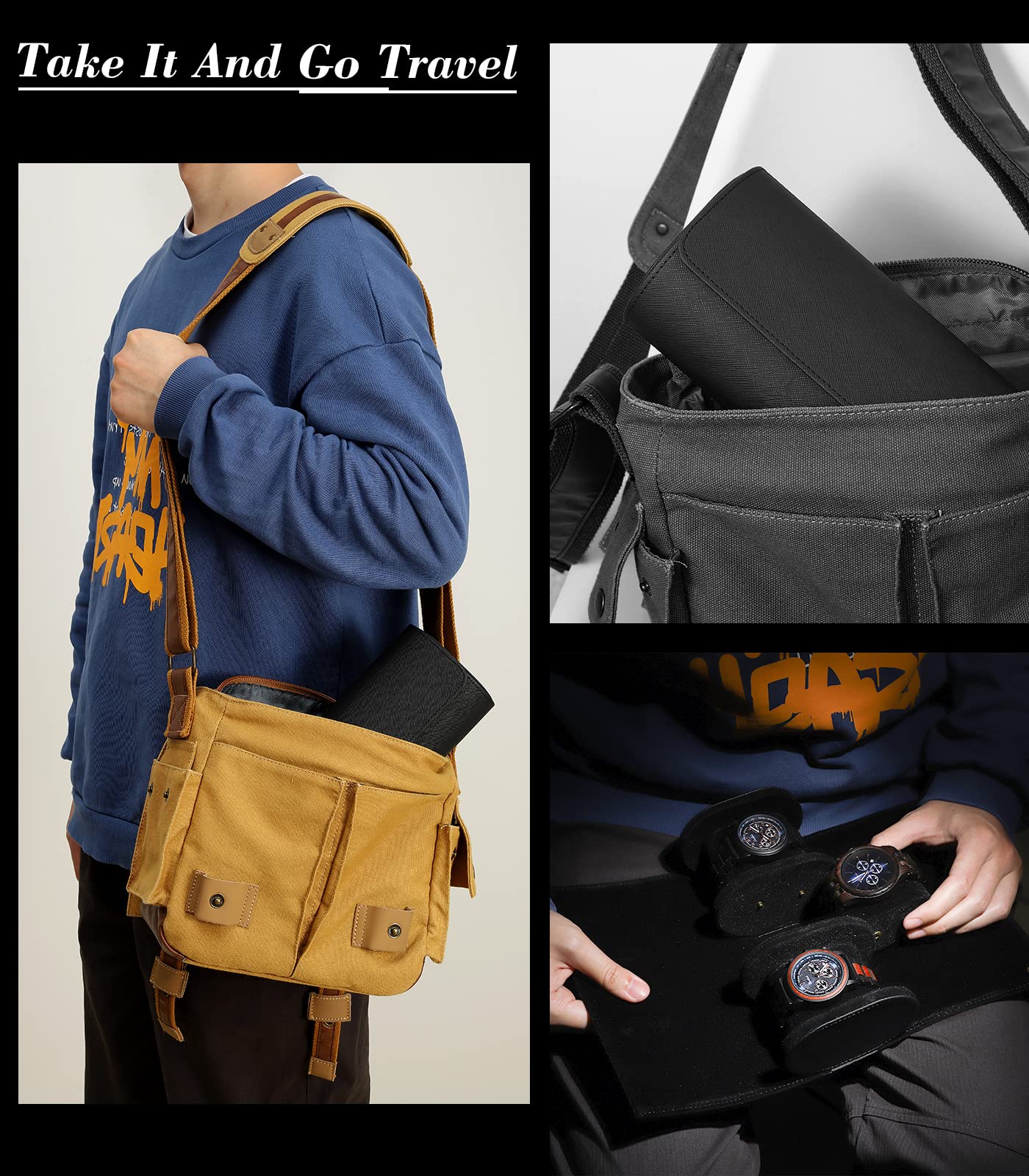 Emibele Boîte de Rangement pour Montres, Étui de Montre de Voyage Portable en Cuir PU à 3 Fentes, Sac à Transporter pour Bracelet à Montre avec Coussins Amovibles et Séparateurs Solides - Noir