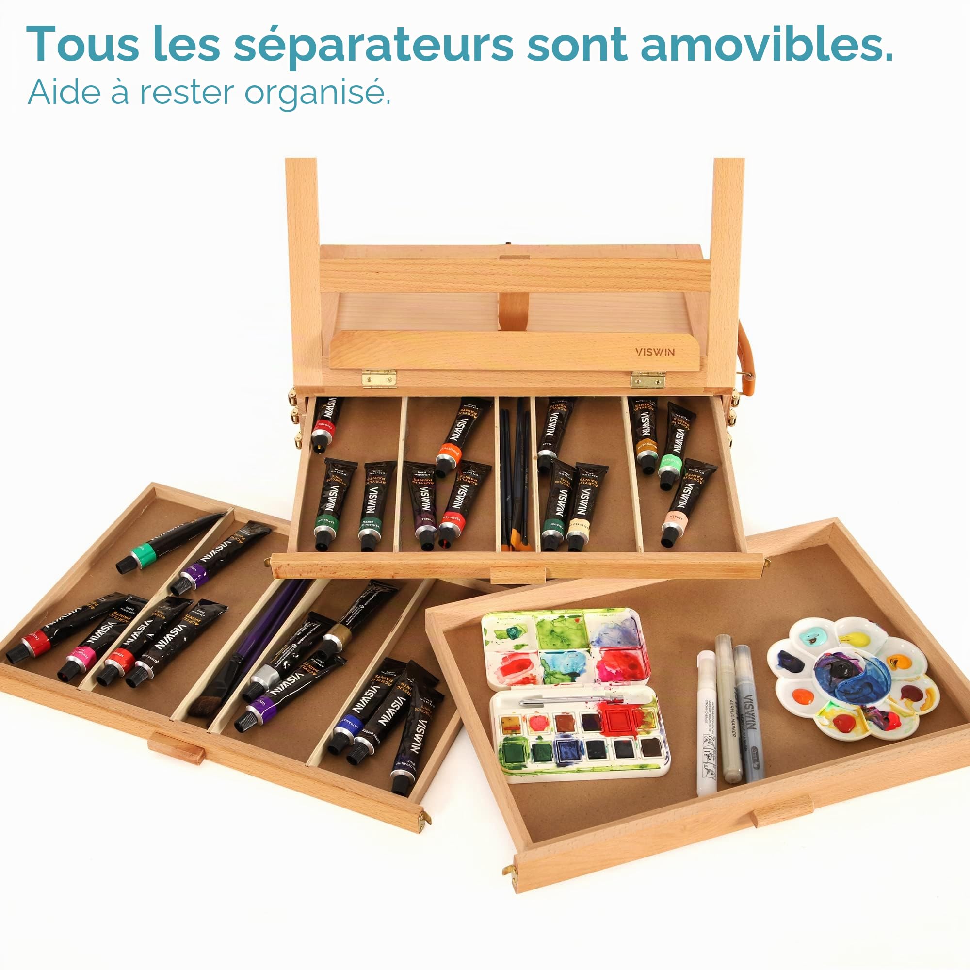 VISWIN Grand Chevalet de Table Réglable À 3 Tiroirs, Boîte de Peinture en Bois de Hêtre de Qualité Supérieure, Chevalet de Bureau d'Artiste Portable Pour Adulte, Artiste