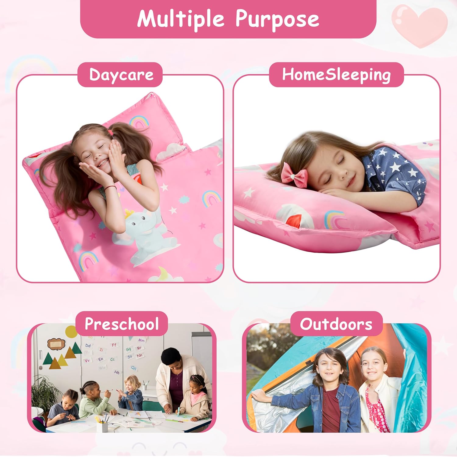 MORAIS Toddler Nap Mat with Pillow and Blanket, 52" x 20" Lightweight and Soft Nap Mat for Preschool, Daycare, Travel Sleeping Bags