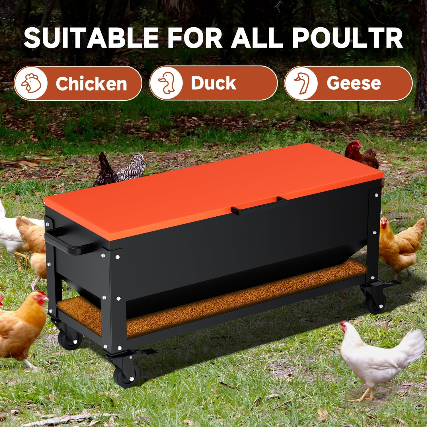 Heavy Duty Chicken Feeder 120 lbs Large Capacity, Metal Automatic Poultry Feeding Box with Waterproof Lid, Raised Standing Feeder with Wheels for Hens & Roosters, Portable & Easy to Move