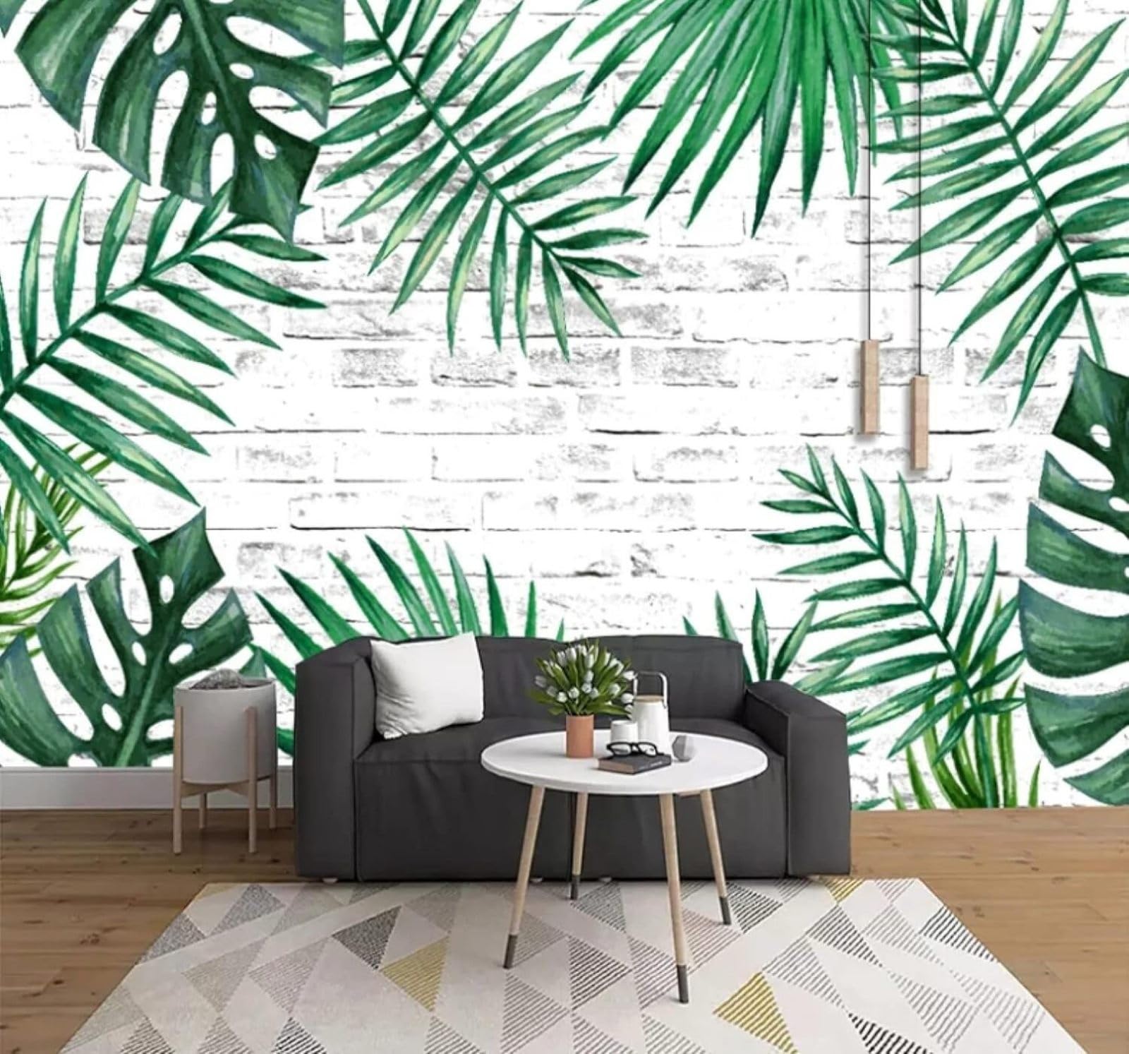 Wallpaper-3D-Xlm 400Cm×280Cm(B×H) White Brick Wall Fresh Plants Green Leaves 3D Wallpaper Easy Install Feature Office Living Room Sofa Bedroom Tv Background Wall Decoration-400Cm×280Cm