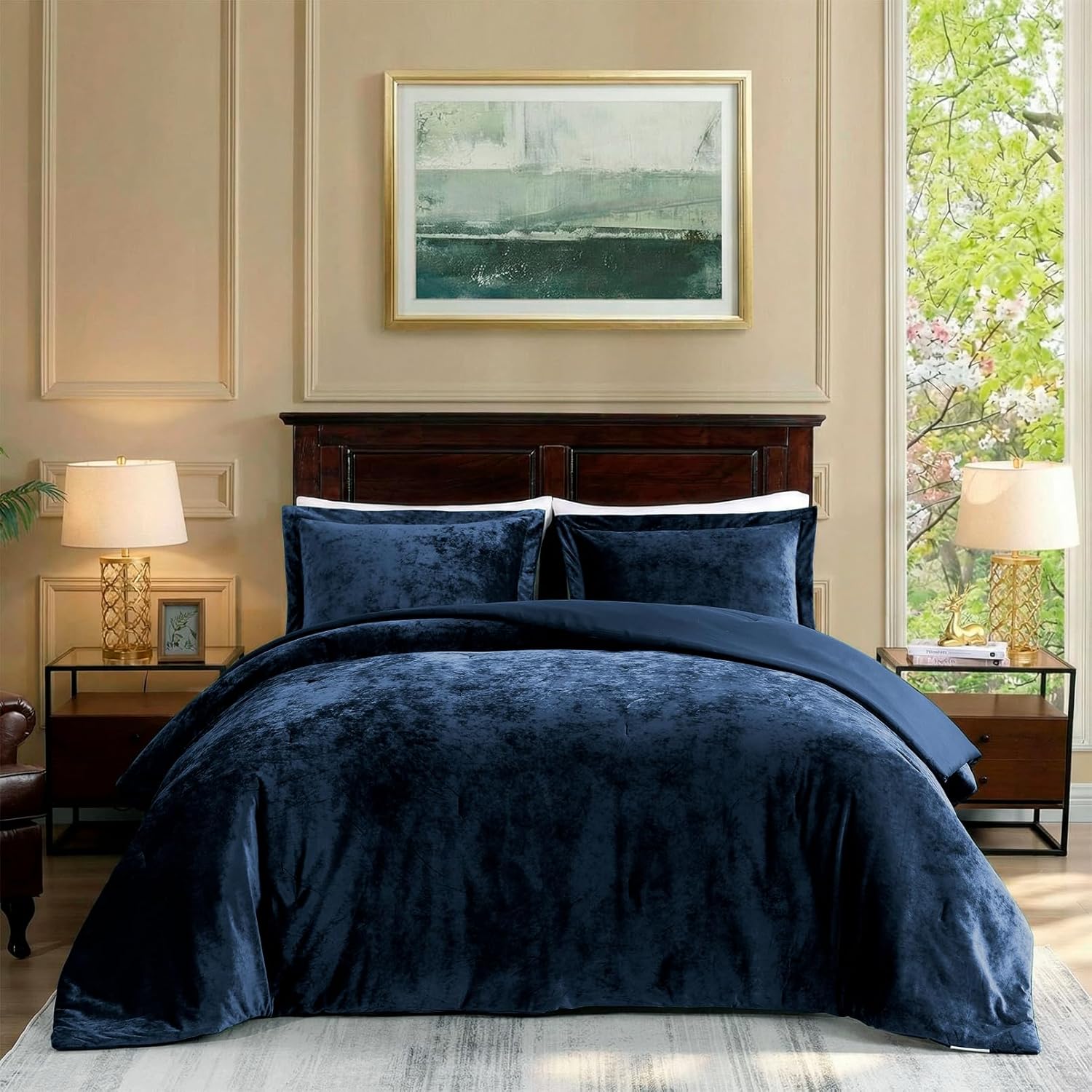 TAMGHO Navy Blue Velvet Comforter King Set 3pc, Blue Velvet Bedding King Size for All Seasons, 1 Comforter (108"x96") and 2 Pillow Shams (20"x36")