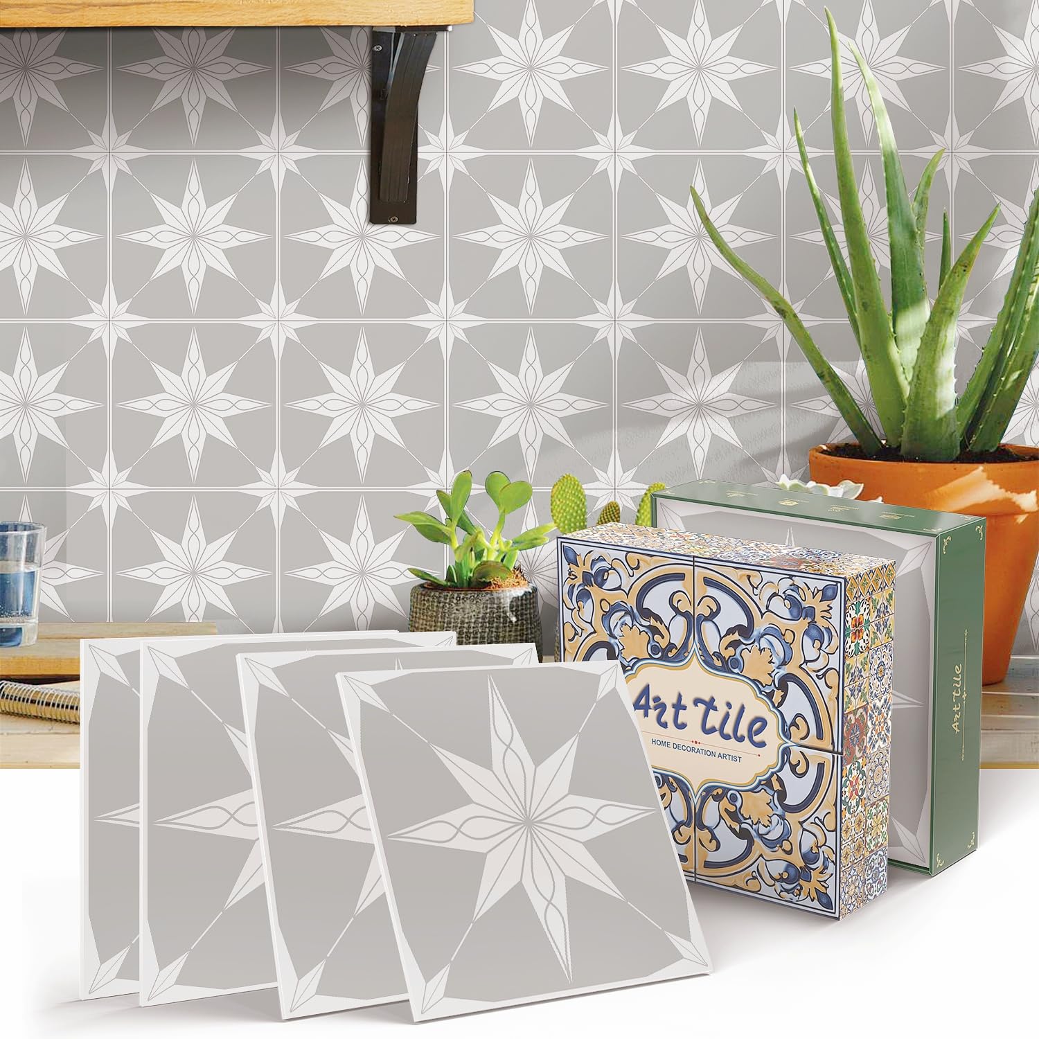 12PCS Grey Star Stick on Tiles, Peel and Stick Wall Tiles for Kitchen Bathroom Self Adhesive Tile Stickers Covers Backsplash Decals Waterproof Mosaic (15x15cm, 6x6 inches)