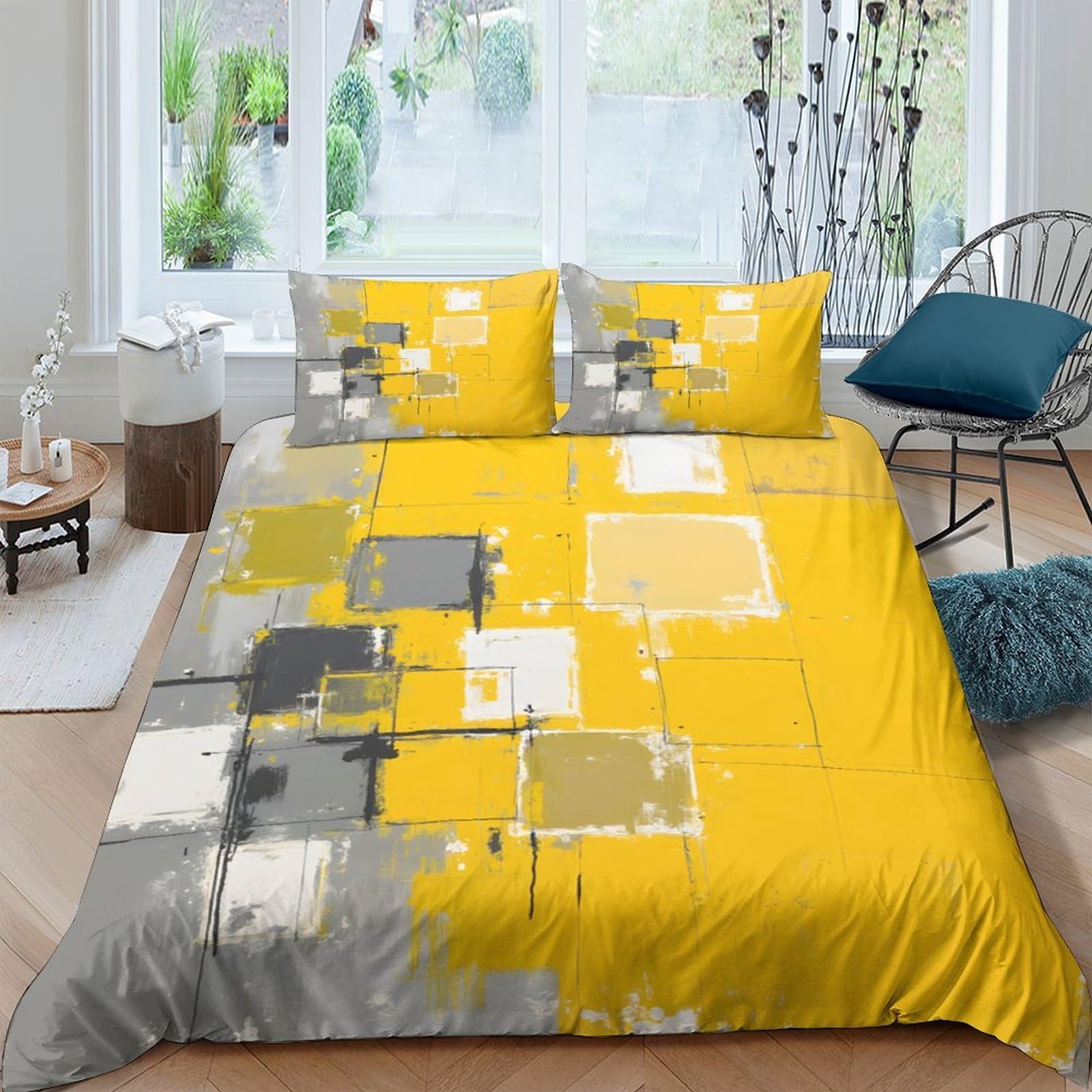 3D Printed Abstract squares Bed Cover Premium Polyester Modern geometric art_ Duvet Cover Wrinkle Free Stain Resistant for University Accommodation Student Use King（220x240cm）