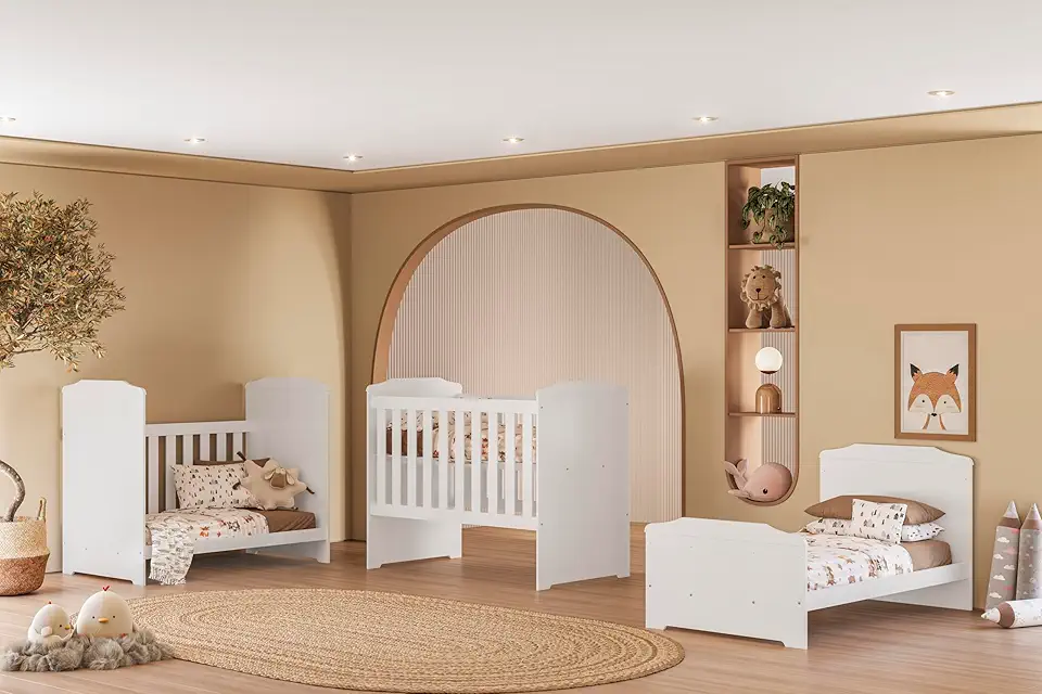 Berço Multifuncional 3 Em 1 Em MDF Vira Cama E Mini Sofá Suporte Para Mosquiteiro