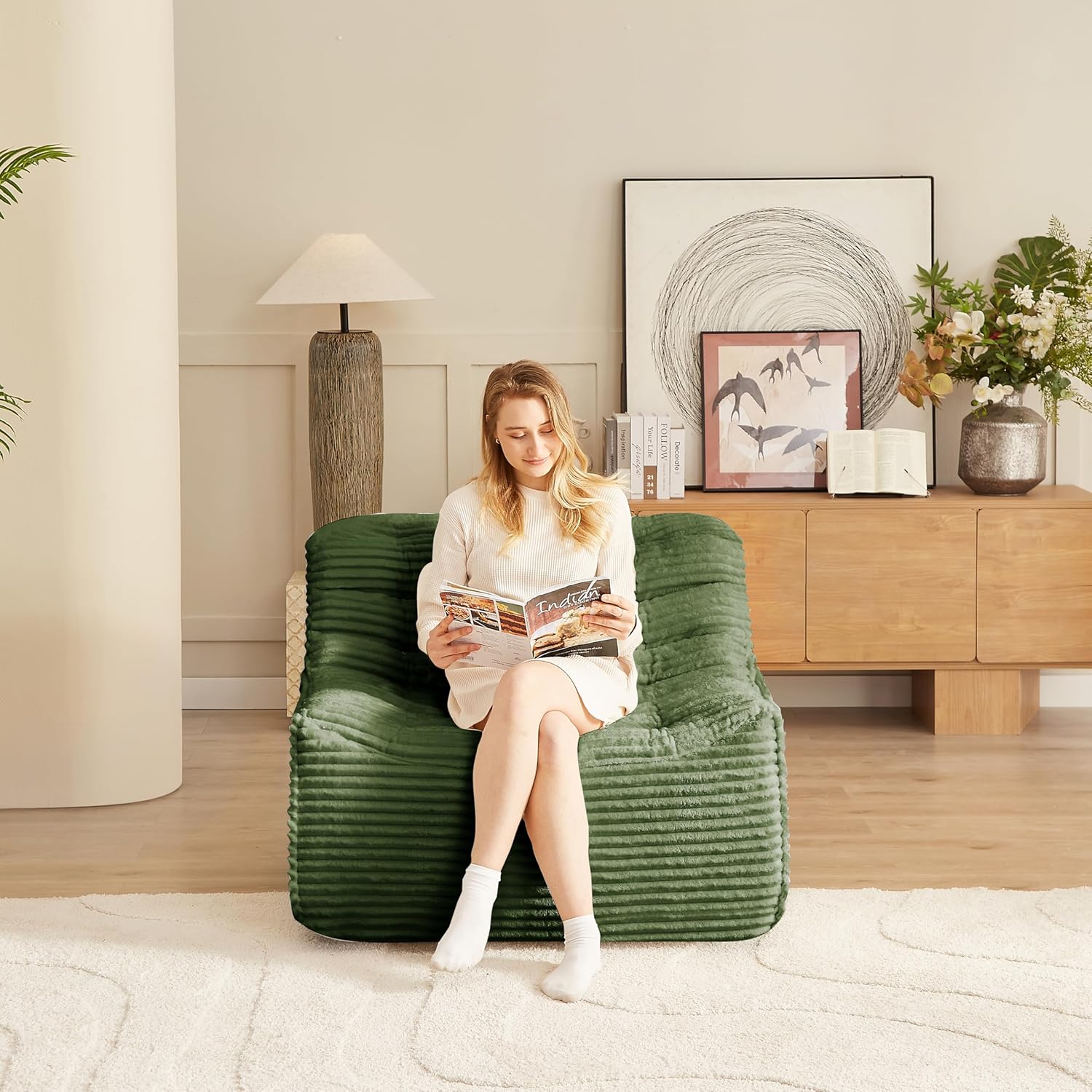 Vyneltio Oversized Swivel Accent Chair, Corduroy Upholstered Book Nook Chair, Big Lazy Sofa Chair for Living Room Bedroom Dorm Office-Green