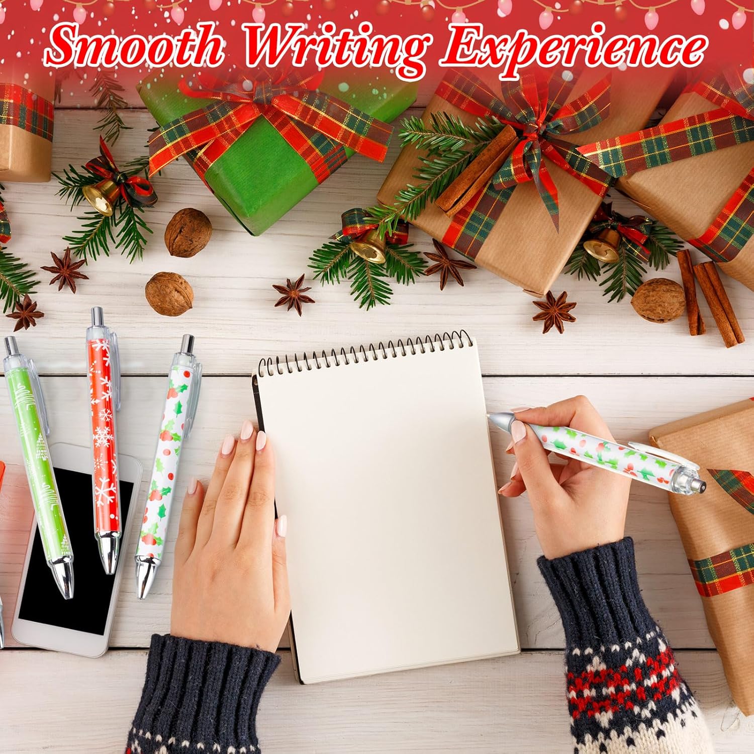 Tenceur 100 Pcs Christmas Ballpoint Pens Bulk with Black Ink, Red Green Snowflake Xmas Rollerball Pens for Adults Christmas Party Favors Gifts for Coworkers Office Favors Stocking Stuffers