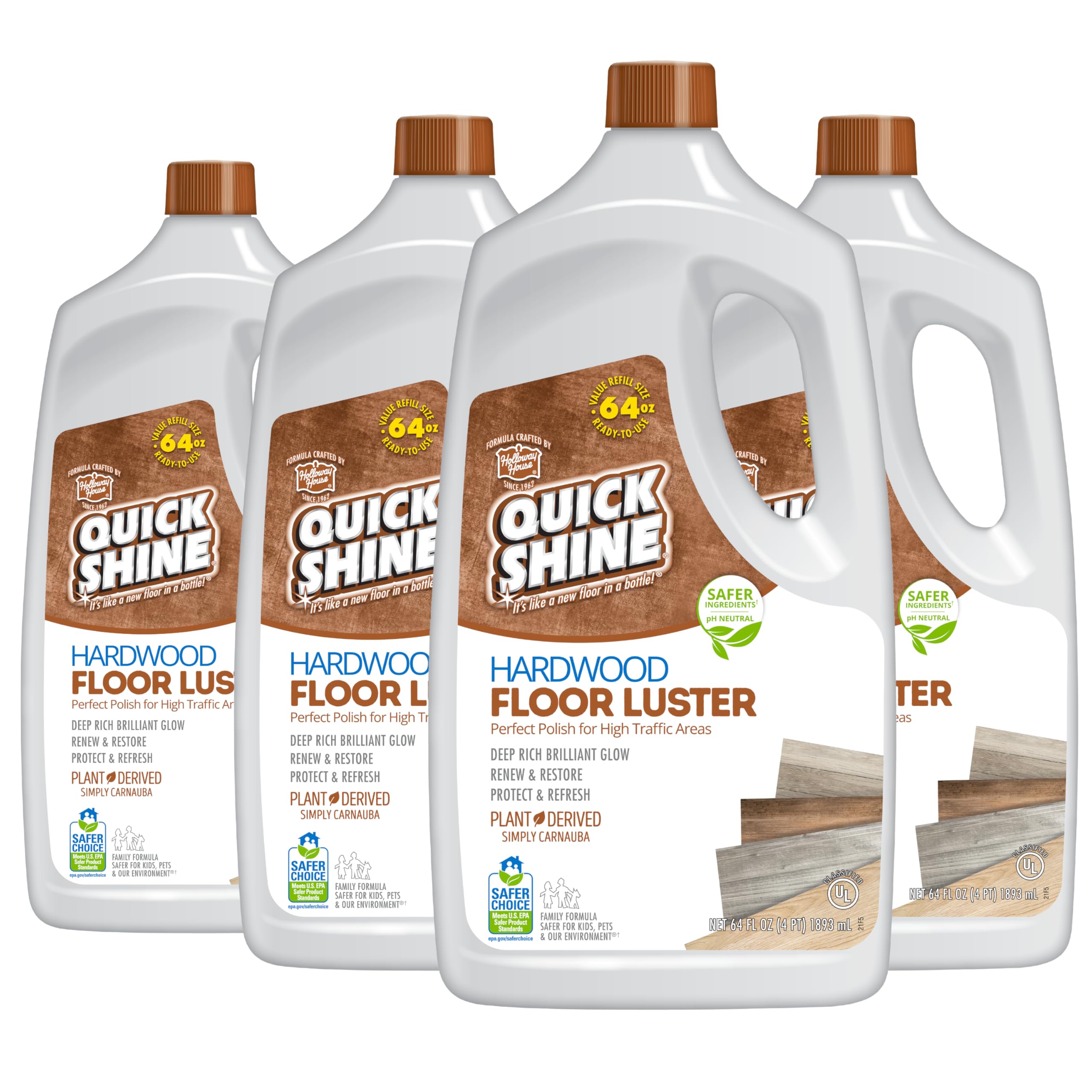 Quick Shine Hardwood Floor Luster-Polish 64oz-4pk | Plant-Derived w/Carnauba | Safer Choice, No PFAS, pH Neutral | Ready to Use Formula w/Anti-Slip Technology | Simply Squirt & Spread | Made in USA