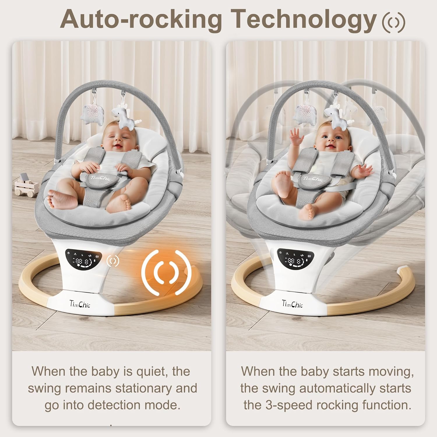 Baby Swings for Infants, Portable Infant Swing with 5-Speeds, 3-Adjustable Height, 3 Timer & 12 Lullabies, Mutil-Function Electric Swing for Baby, Indoor & Outdoor Use (Gray)