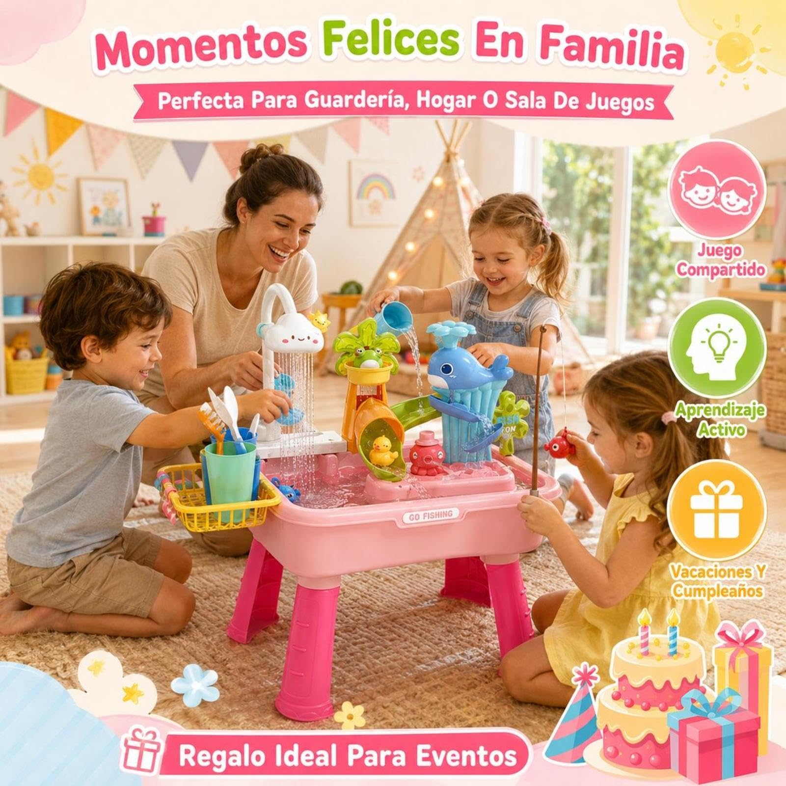 Genérico Mesa De Agua para Niños Y Niñas De 4 A 8 Años - Fregadero De Juego con Bomba | Incluye Tobogán, Pesca 43 Accesorios | Gracioso para Piscina Exterior Y Verano