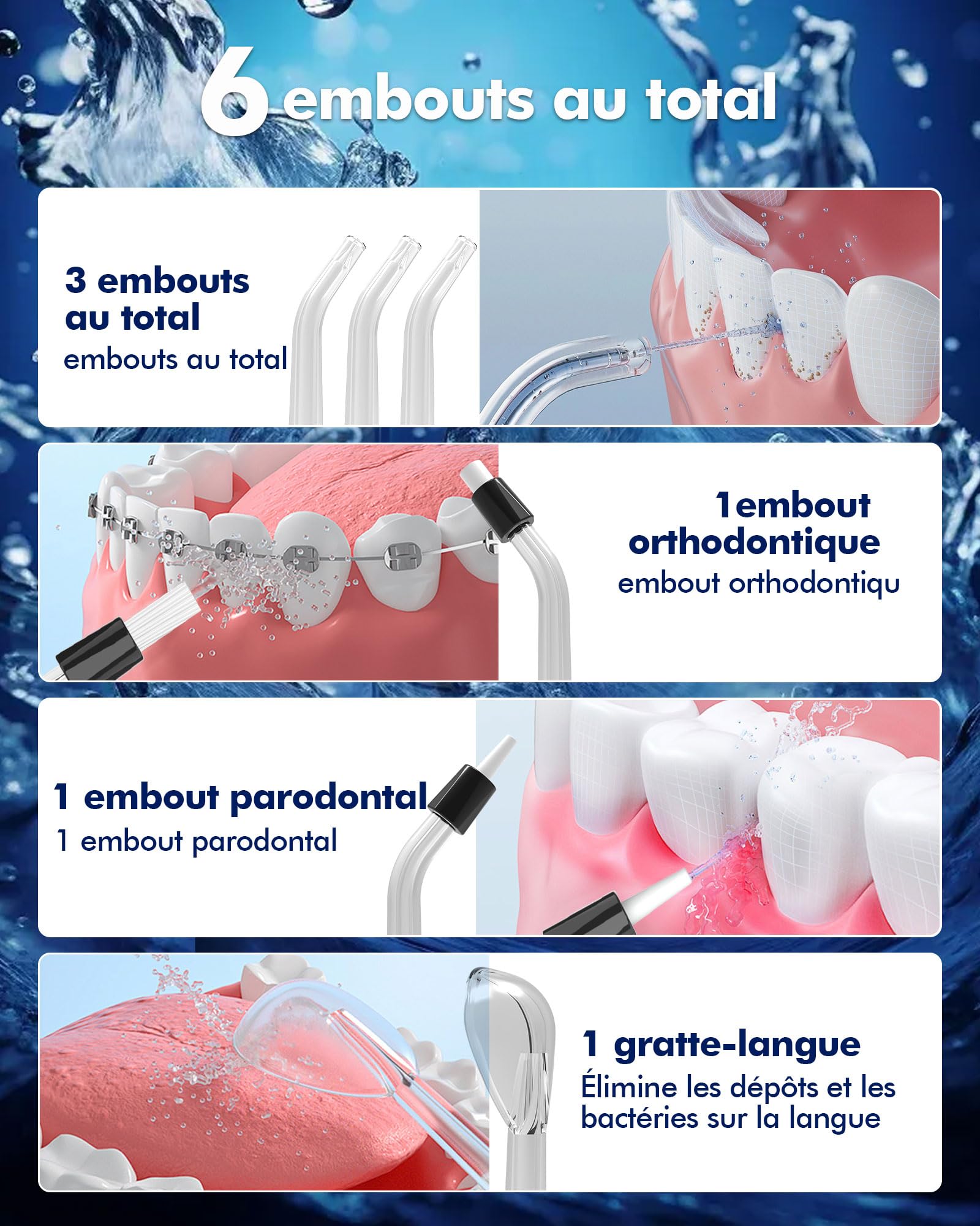 Jet Dentaire Hydropulseur, 5 Modes, 6 Embouts, Rechargeable, Portable, Réservoir de 300ML, Flosser Électrique, Étanchéité IPX7, Nettoyage des Dents Idéal pour Maison et Voyage (Noir)