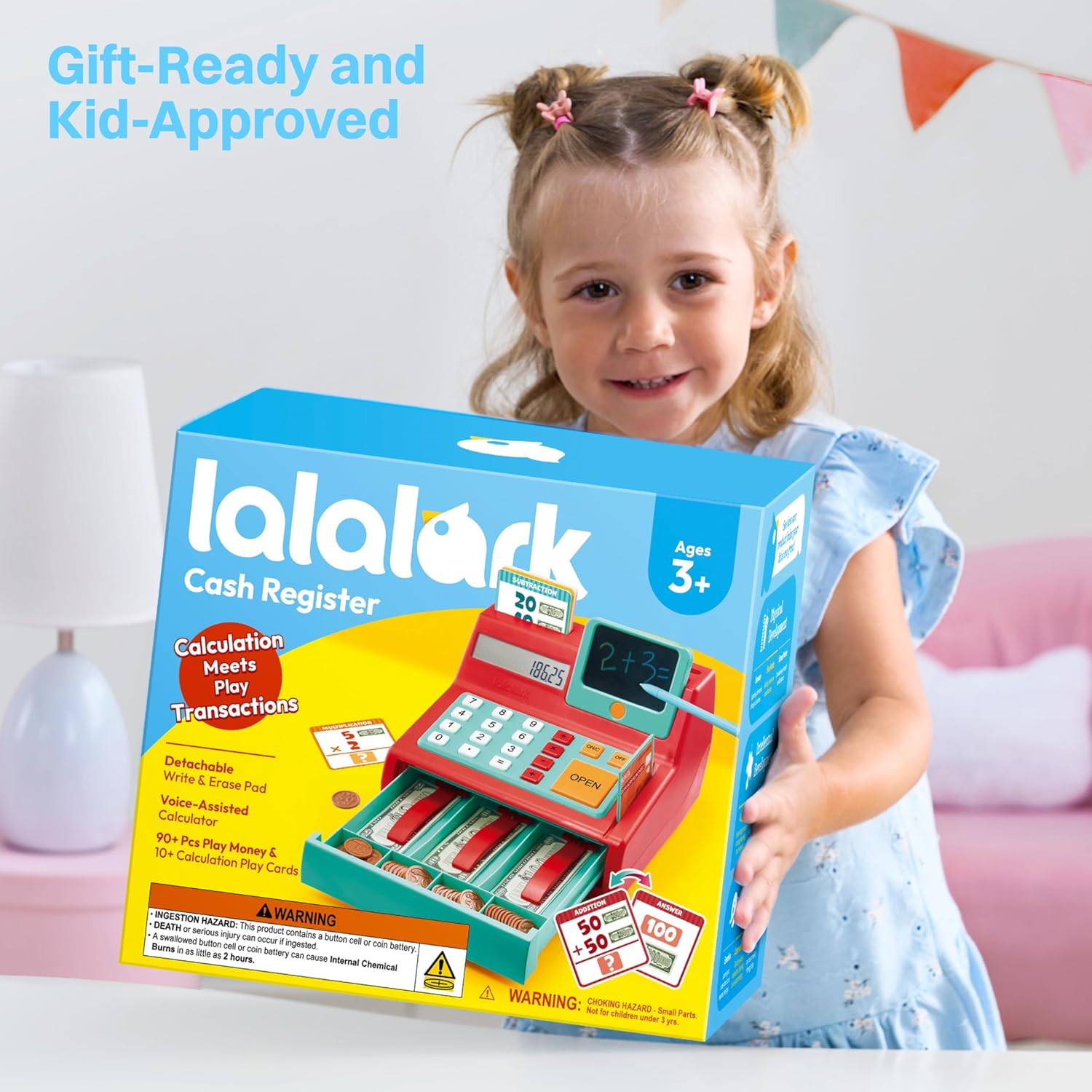 lalalark Cash Register Toy for Kids – Detachable Write & Erase Pad, Play Money, Credit Card, Grocery Store Playset, Preschool Activities, Educational Learning Toy, Toddler Birthday Gift