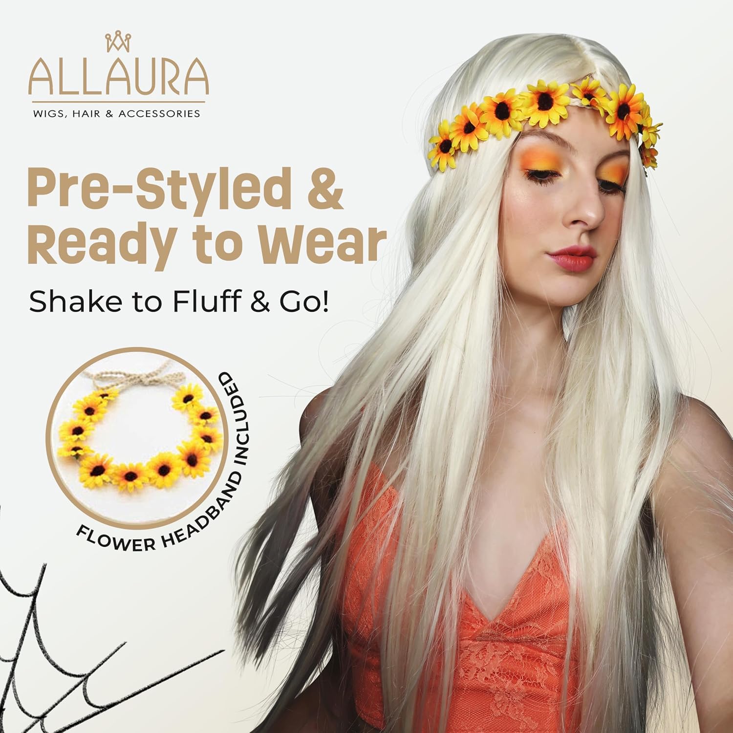 ALLAURA Flower Headband Costume – Hippy Wigs for Women 70s Costume + Removable Flower Headband Wig Long Blonde Wig Hippie Women - Image 3