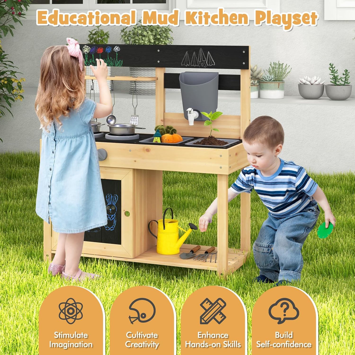 Costzon Mud Kitchen, Wooden Kids Kitchen Playset with 2 Removable Sinks, Faucet, Stoves, Cooking Accessories, Mud Table with Blackboard, Storage Shelf, Outdoor Play Kitchen for Kids (Natural)