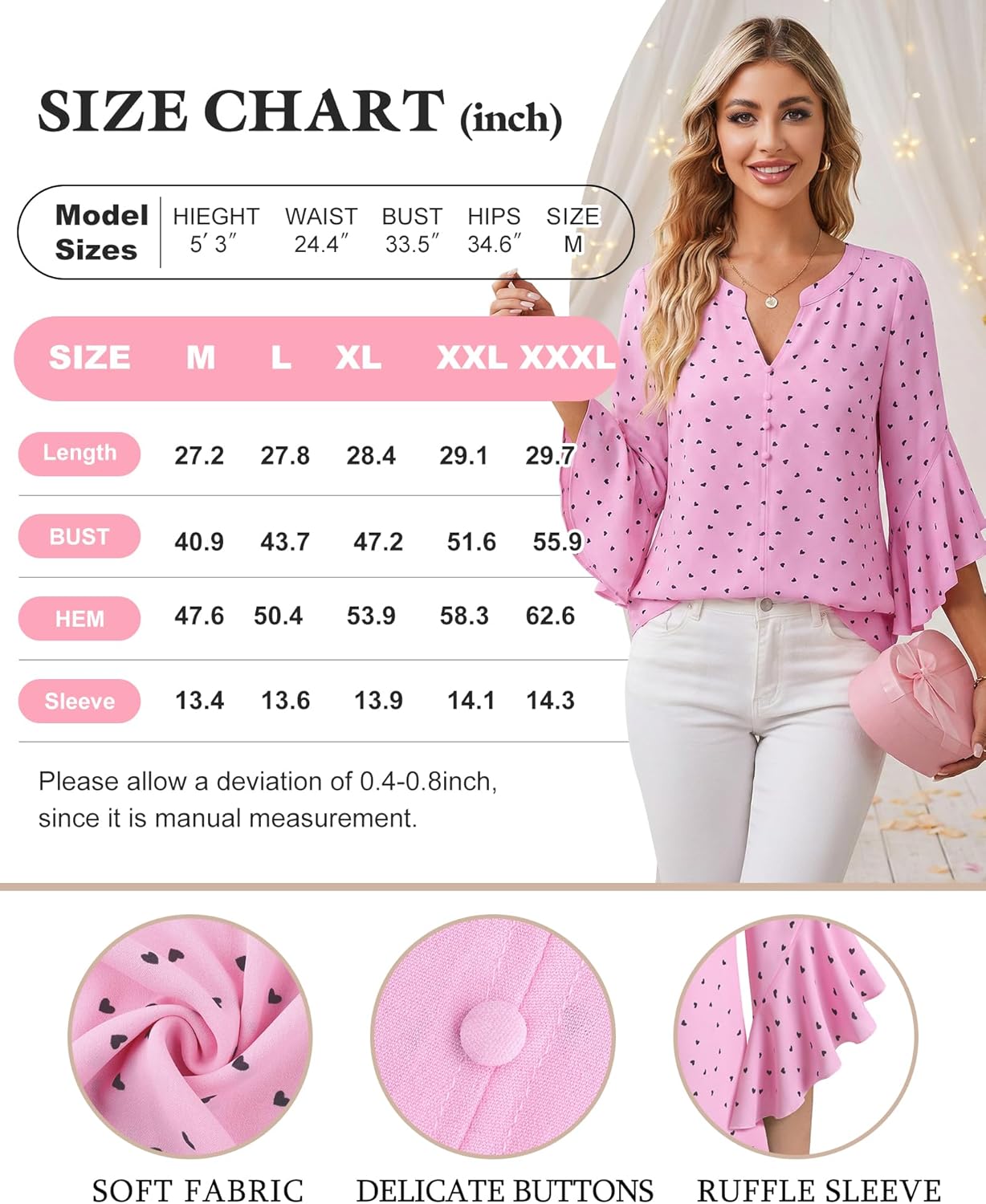 Bebonnie Womens Tops Dressy Casual Ruffle 3/4 Sleeve Henley V Neck Chiffon Blouses with Buttons - Image 6