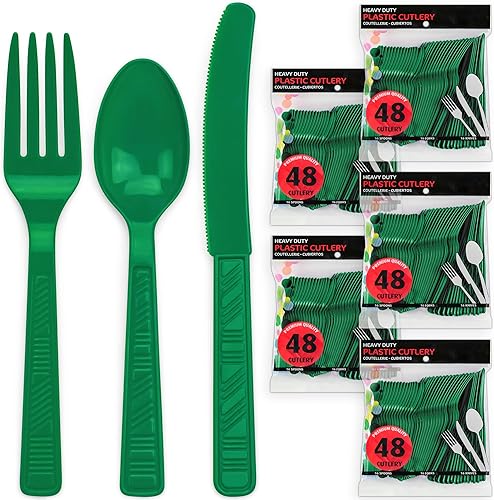 Miniatura 2 de DecorRack Juego de cubiertos de plástico, cubiertos de plástico de color verde para fiestas, 240 piezas a granel resistentes (verde, 240 piezas)