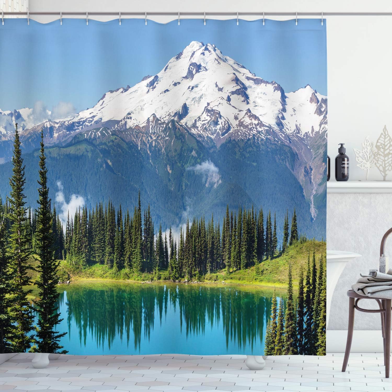Ambesonne Nature Shower Curtain, Idyllic Crystal Lake Surrounded by Pine Trees and Snowy Mountain Landscape, Cloth Fabric Bathroom Decor Set with Hooks, 69" W x 84" L, Blue Green
