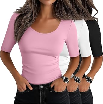 Neer 3 Pack Womens Scoop Neck Tops Half Sleeve Slim Fitted Cotton Blend Stretchy T-Shirts Tight Casual Basic Tees