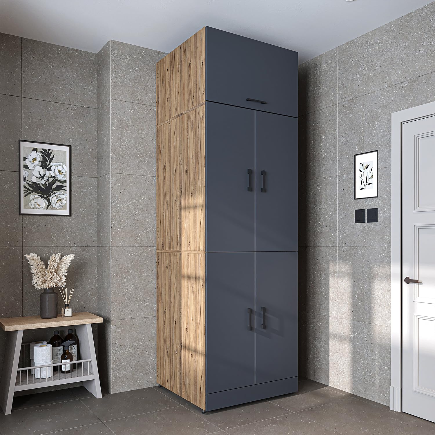 ROOMART Dora Armadio per lavatrice e asciugatrice in 4 colori, con ante e piastra estraibile (rovere grigio antracite, 230 cm di altezza)