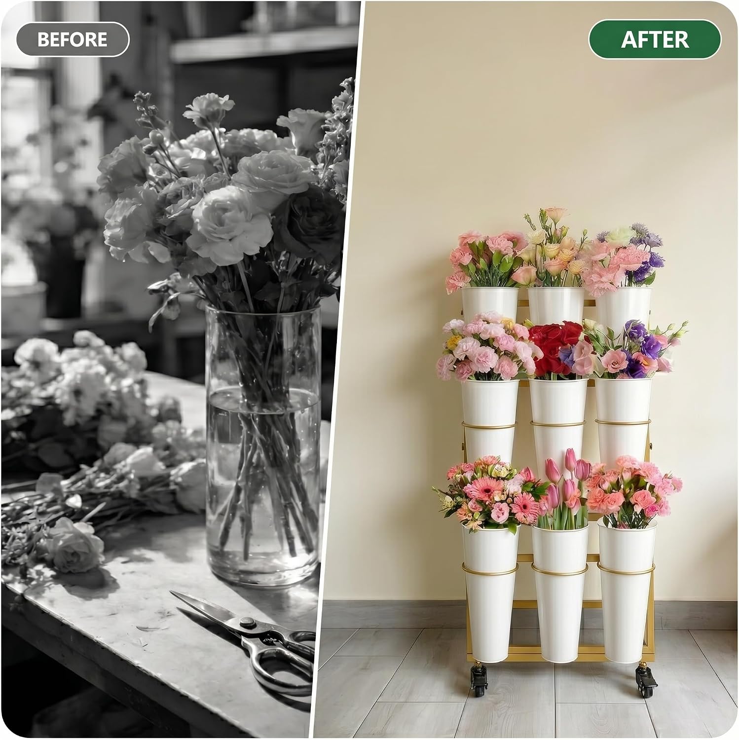 Flower Display Stand With 9 Buckets,Flower Bar with Wheels,Flower Cart Display Stand for Florist Garden Wedding Home Decor (Gold) image 4