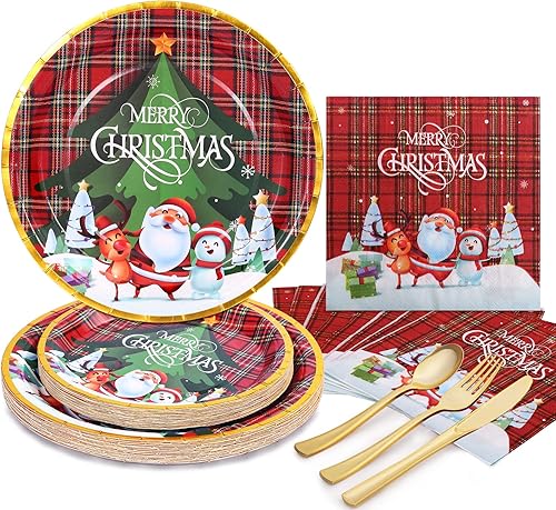 Gudvilla Platos y servilletas de Navidad, platos de papel de Navidad, juego de vajilla desechable para fiestas para 24 invitados, juego de platos de