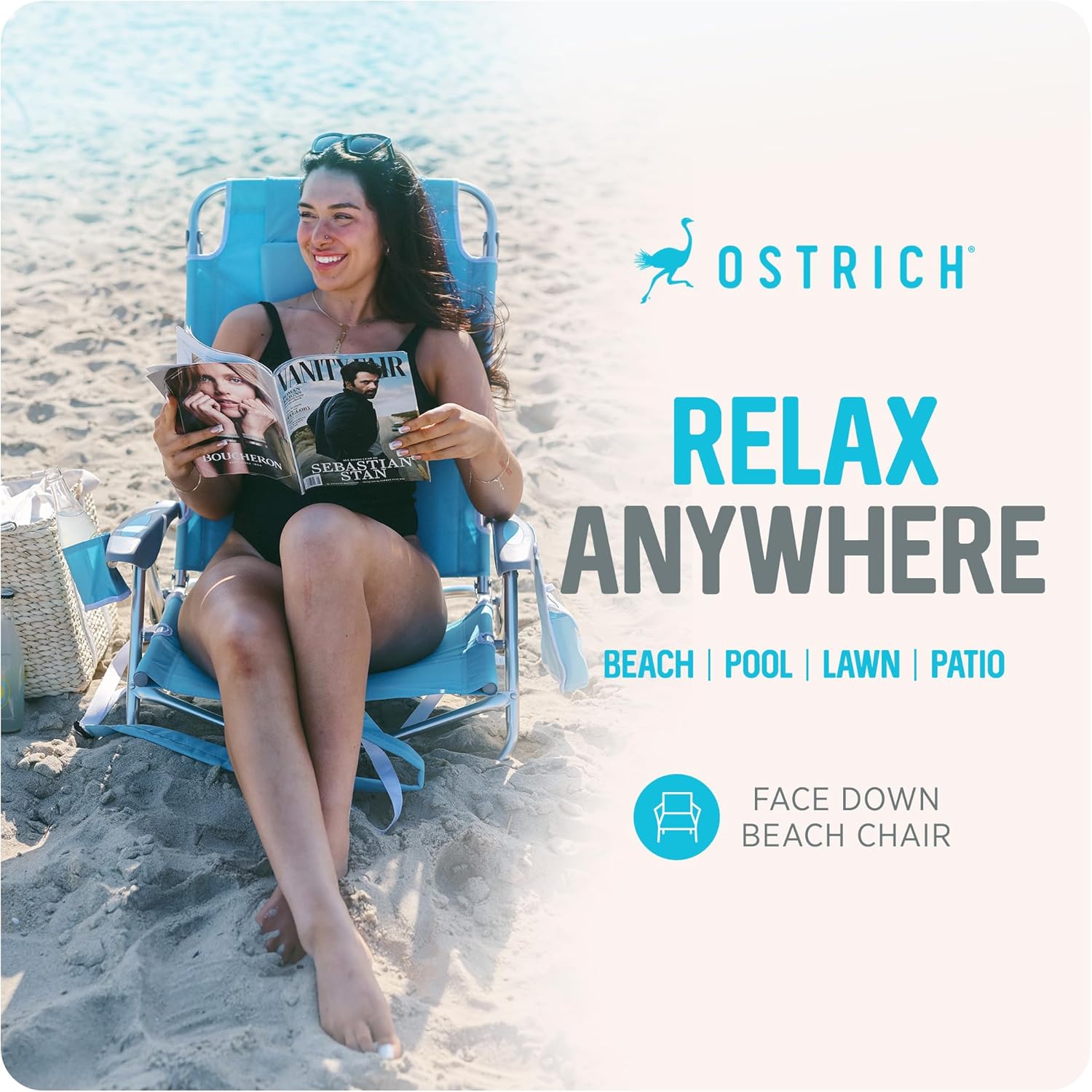 Ostrich The Deluxe Backpacker, Portable Beach Chair with Cooler Bag, Carry Straps, Umbrella Carry System, Cup Holder, & 275lb Capacity, Light Blue