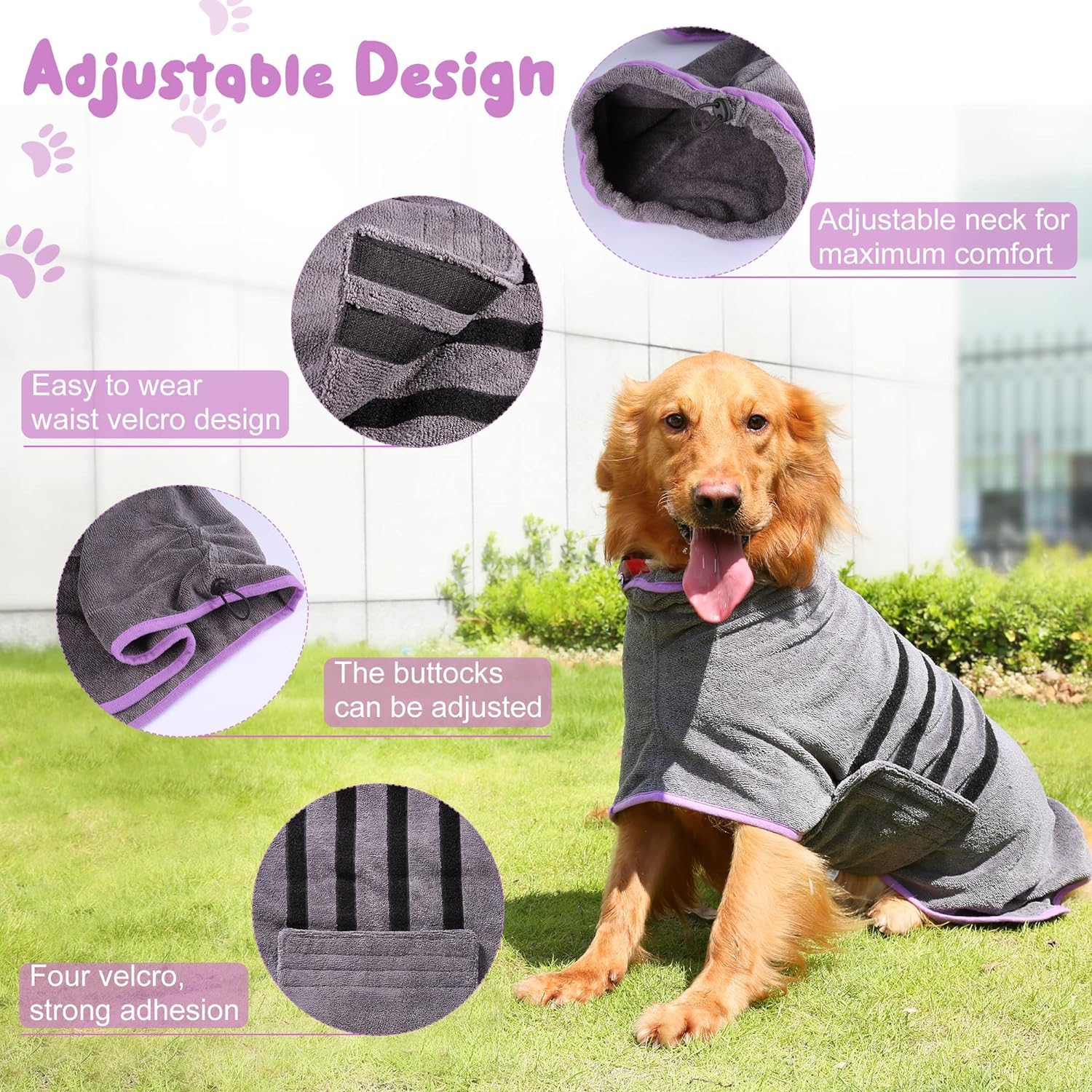 HezzLuv Microfiber Dog Drying Coat, Super Absorbent & Quick-Drying Dog Robe, Adjustable Fit for Medium to Large Dogs - Image 3