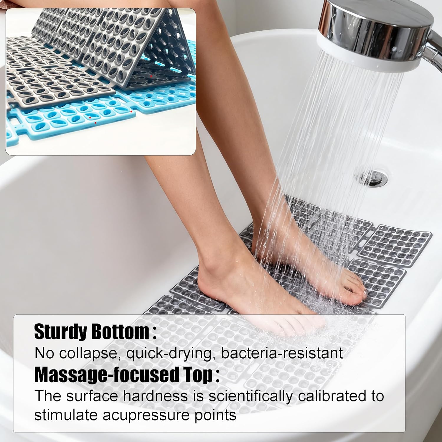 Shower Mat 26.2x15.6 Inch Gray,Non-Slip Bath Mat with Ultra Strong Suction,Durable TPE+PP, Anti-Slip Bathtub Mat, Wall-Mountable&Foldable, Quick-Dry Drain Holes