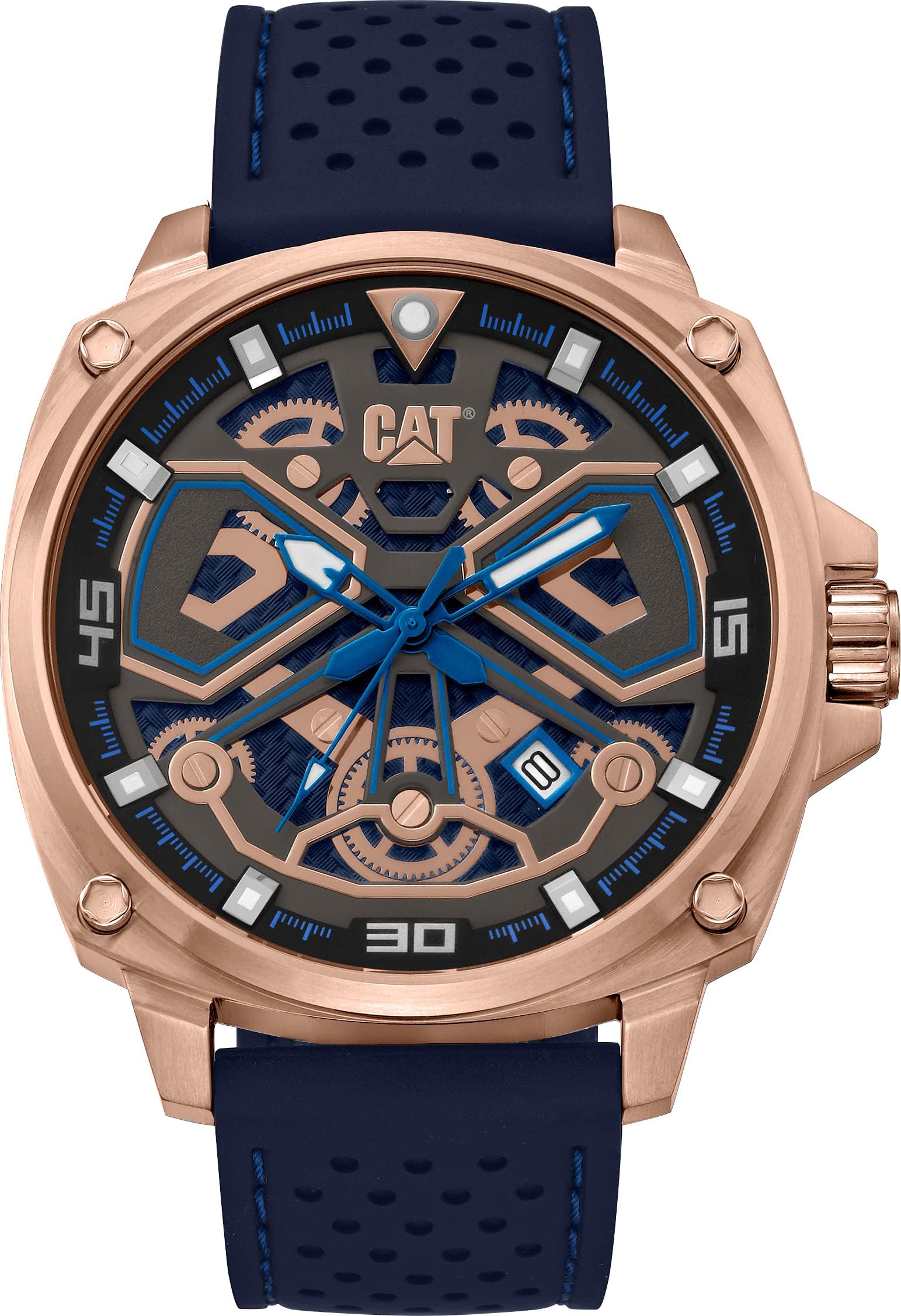 Caterpillar CAT 'Tokyo' Men Watch, 44mm case, Black/Rose Gold face, Stainless Steel case, Silicone Strap, Black/Blue/Rose Gold dial (AJ.191.21.126)