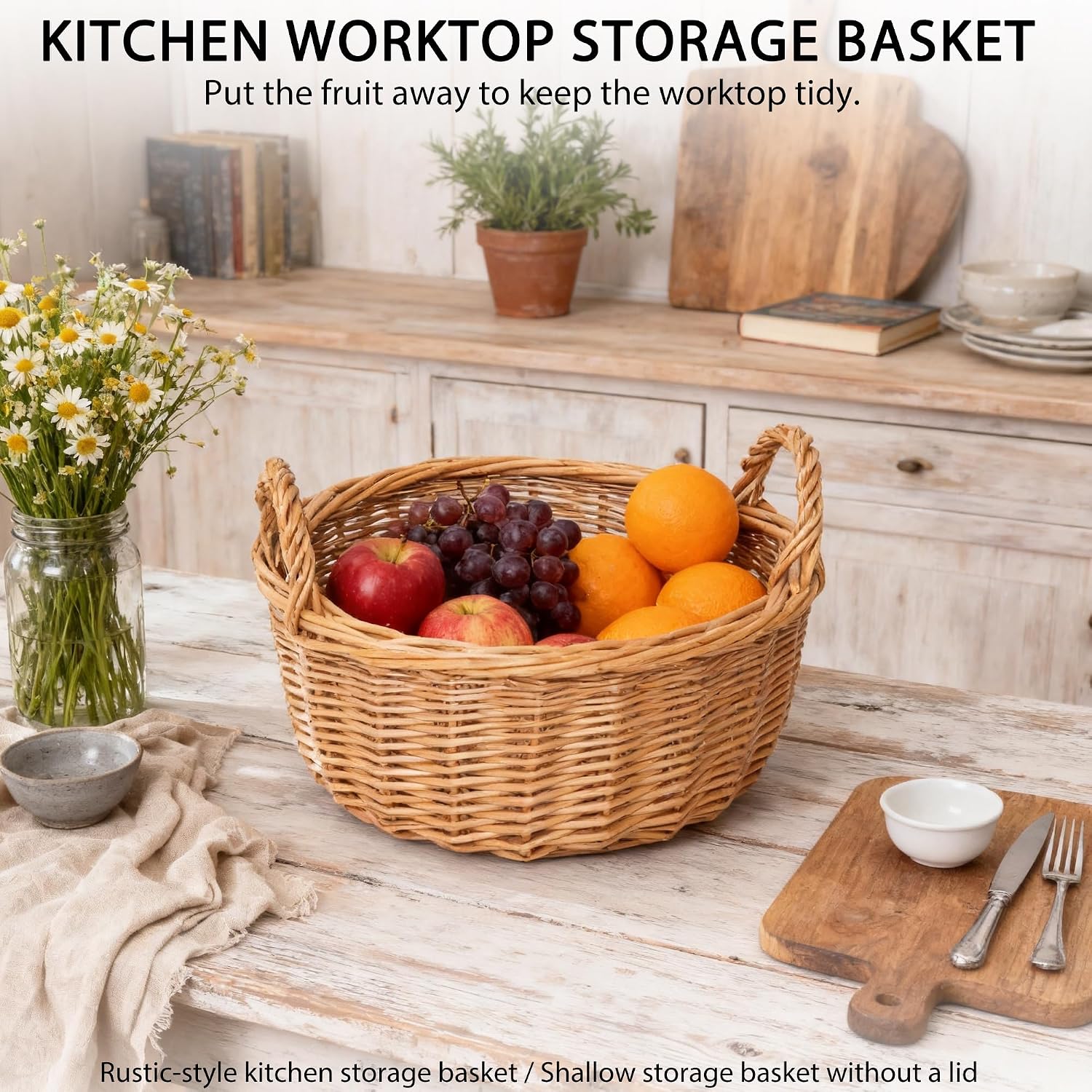 Round Willow Woven Basket with Handles, Countertop Storage Organizer image 5