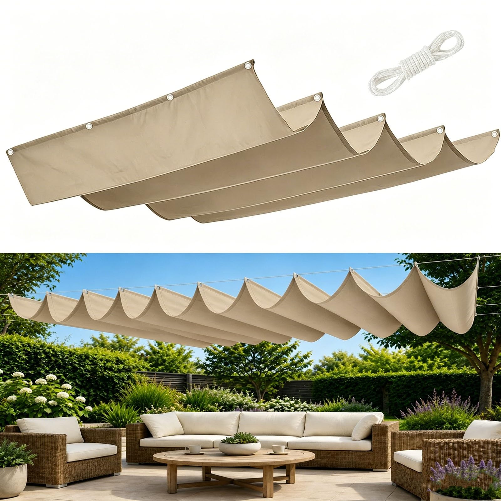 Voile ombrage rétractable vague 1.4x5m kaki imperméable pour patio