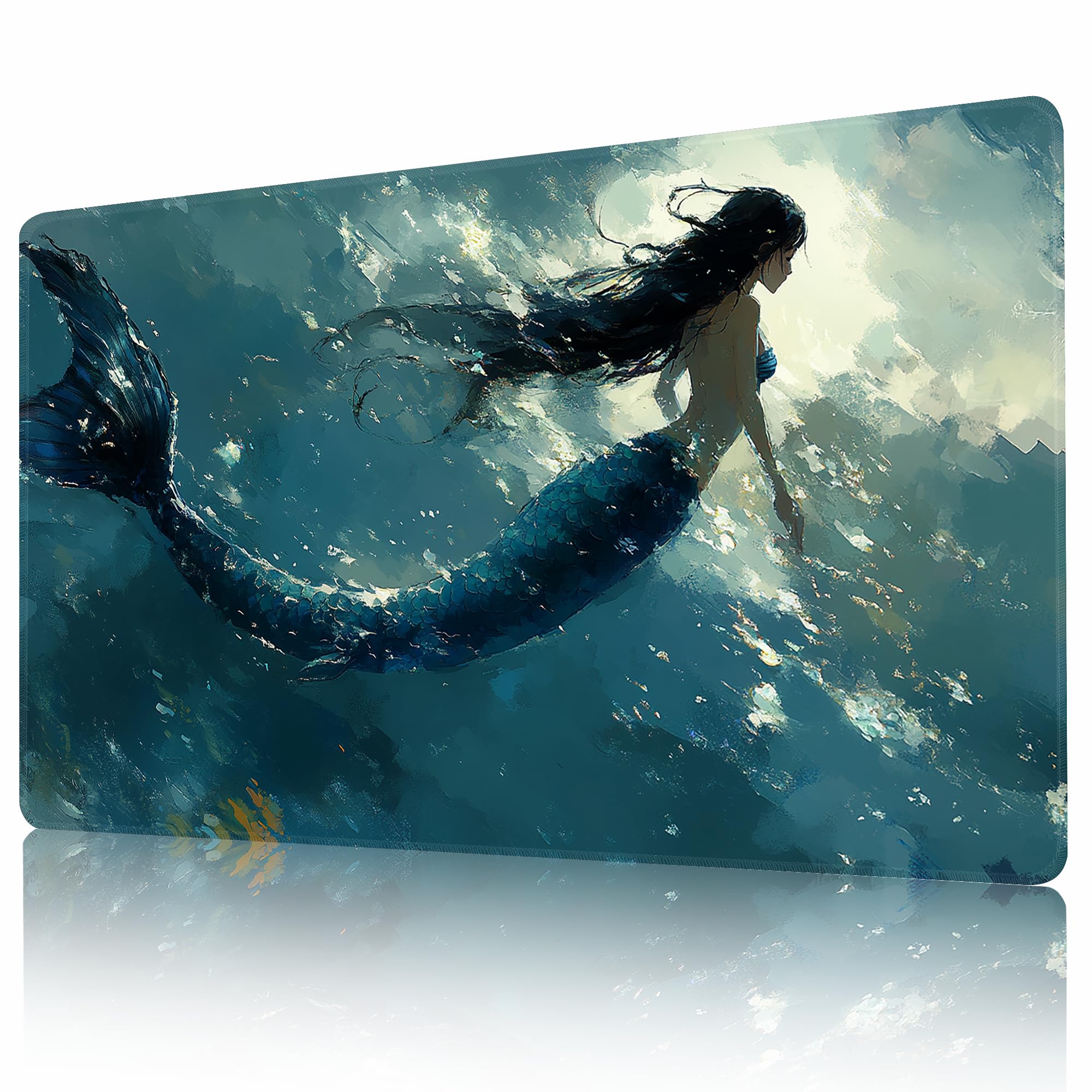 MTG Playmat Non-Slip Rubber Backing Printing Commander Board Game Desk Mat Duel Mat TCG PTCG Playmat 24x14 inches and Free Storage Bags (Mermaid)