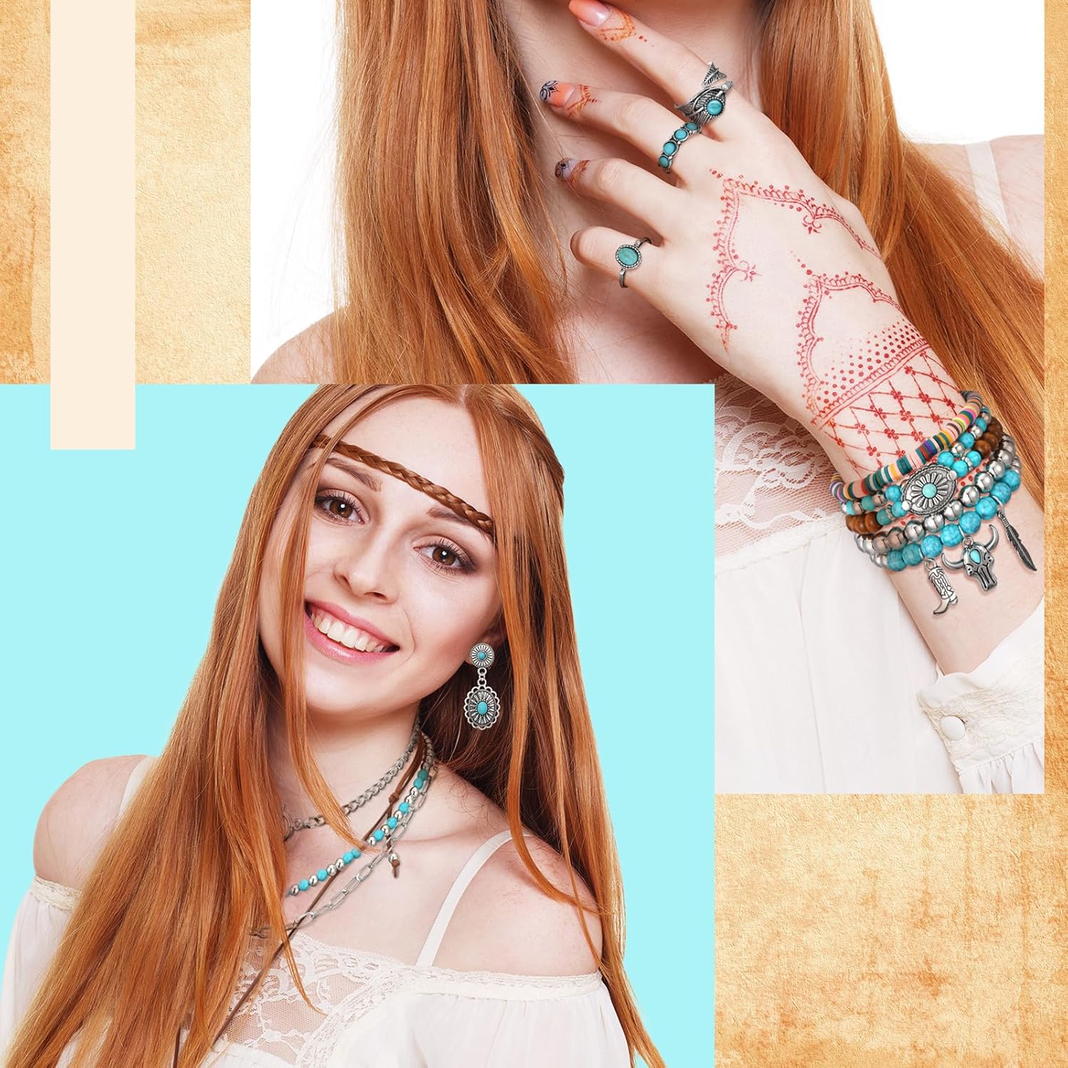 Ecally Bohemian Western Jewelry Turquoise Set Women Country Pendant Long Choker Layered Bracelets Earrings Ring for Women - Image 2