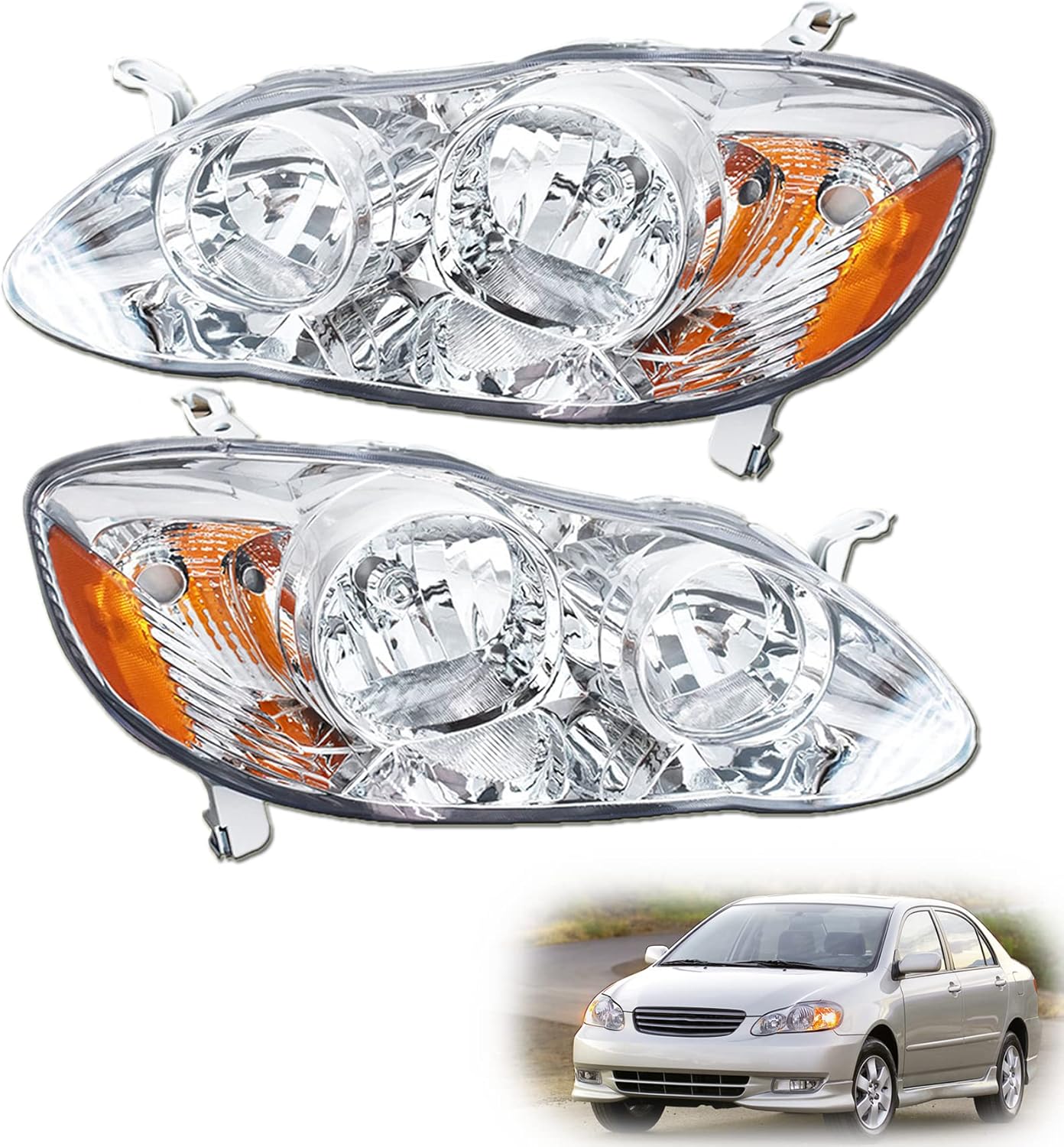 2-Pack Headlight Assembly Headlamps Clear Lens with Amber Corner Left and Right Side Replacement for 2003-2008 Corolla