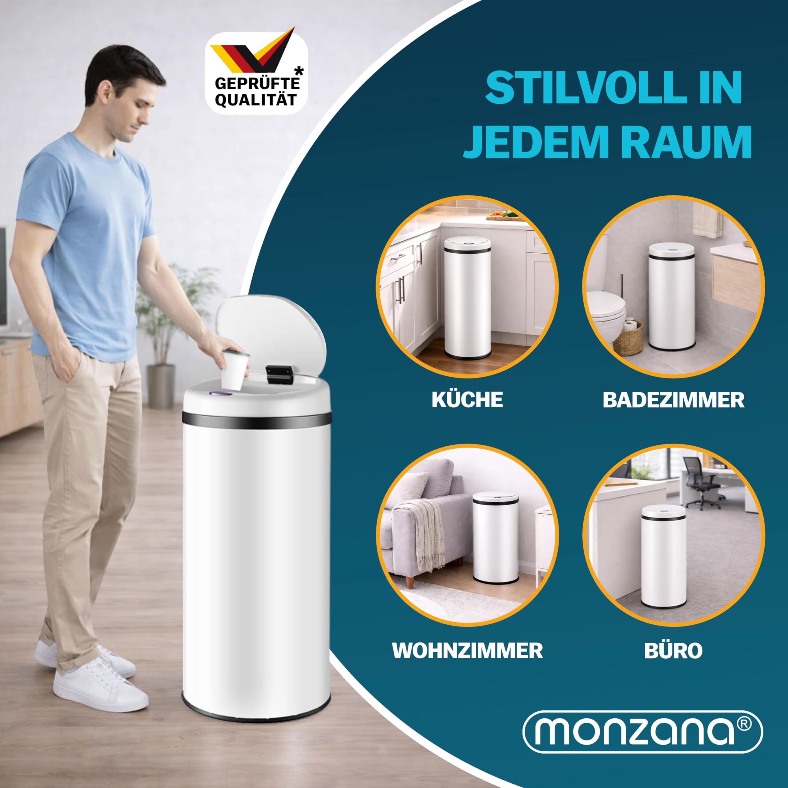 Monzana Sensor Mülleimer Küche Weiß | 30 L, Smarter Abfalleimer, mit Sensor, Berührungslos, Recycling, Edelstahl, inkl. USB-Kabel, Geschütztes Batteriefach
