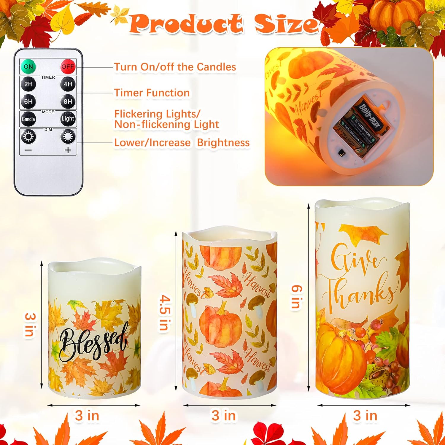 Treela 3 Pieces Thanksgiving Flameless LED Candles Lights Leaf Pumpkin Fall Decor Candle Lights with Timer Warm White Battery Operated Electric Led Maple Leaf Candle Lights for Fall Party Home Decor