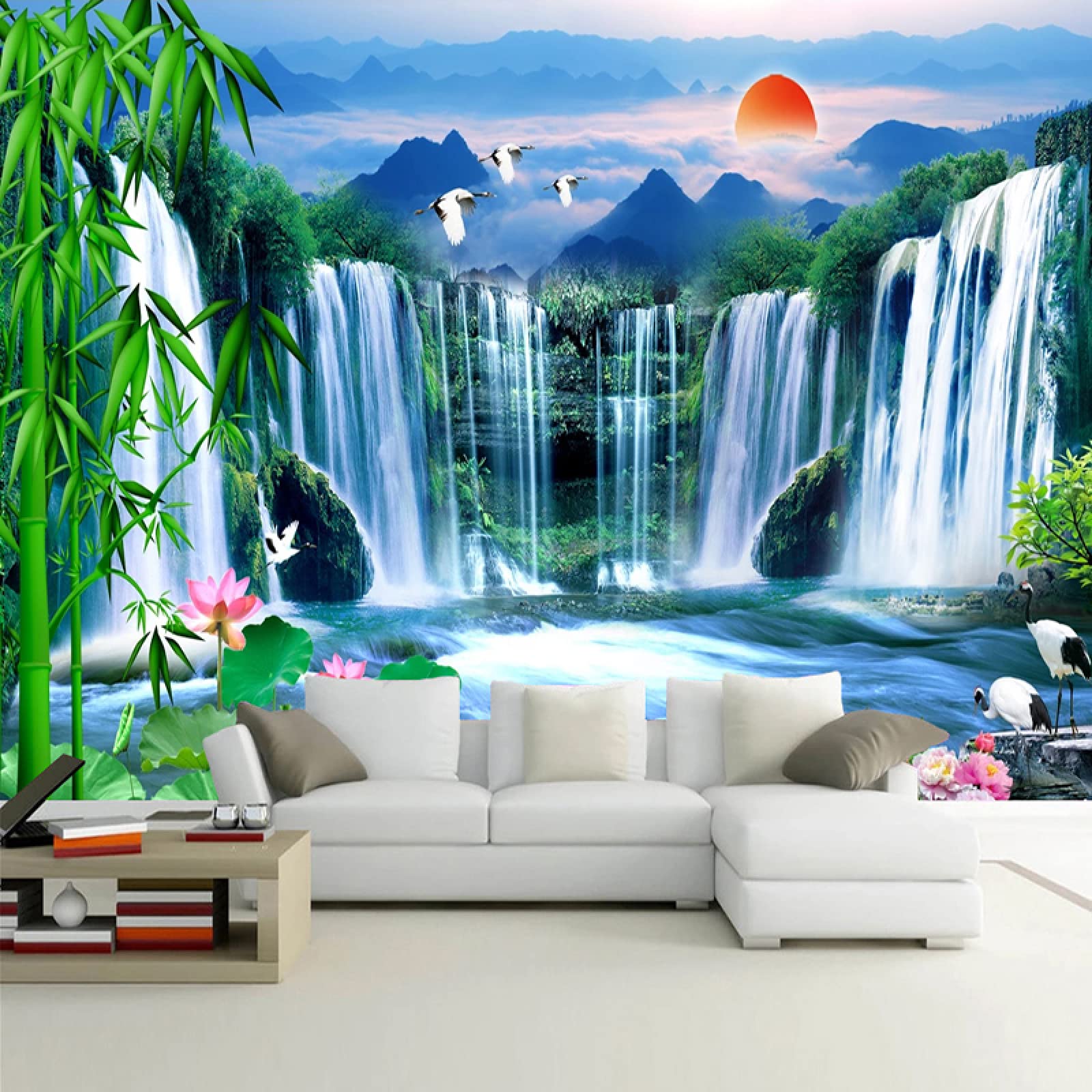 Amazon | Custom 3D Wallpaper Waterfall Bamboo Lotus Nature